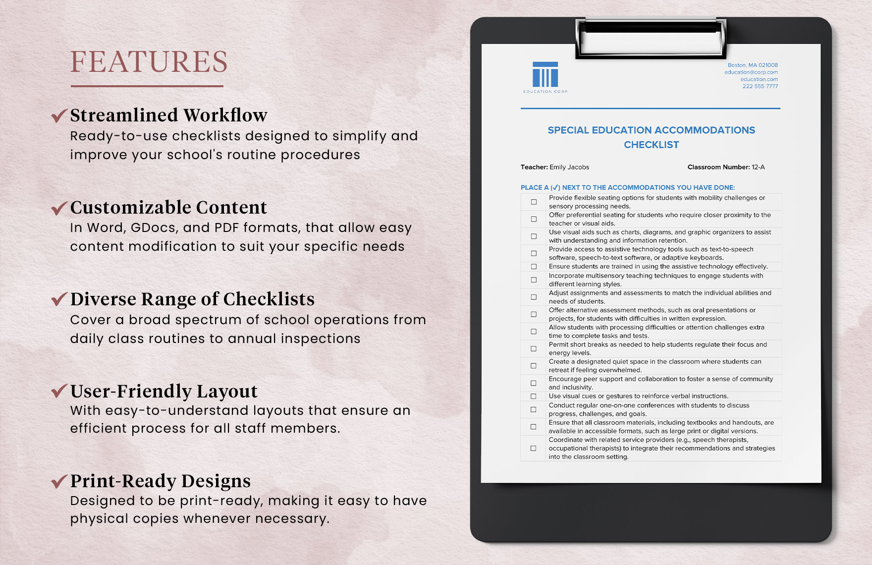 Special Education Accommodations Checklist Template