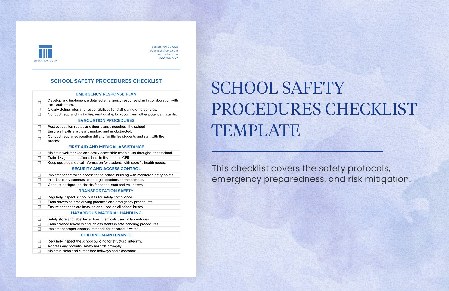 School Safety Procedures Checklist Template