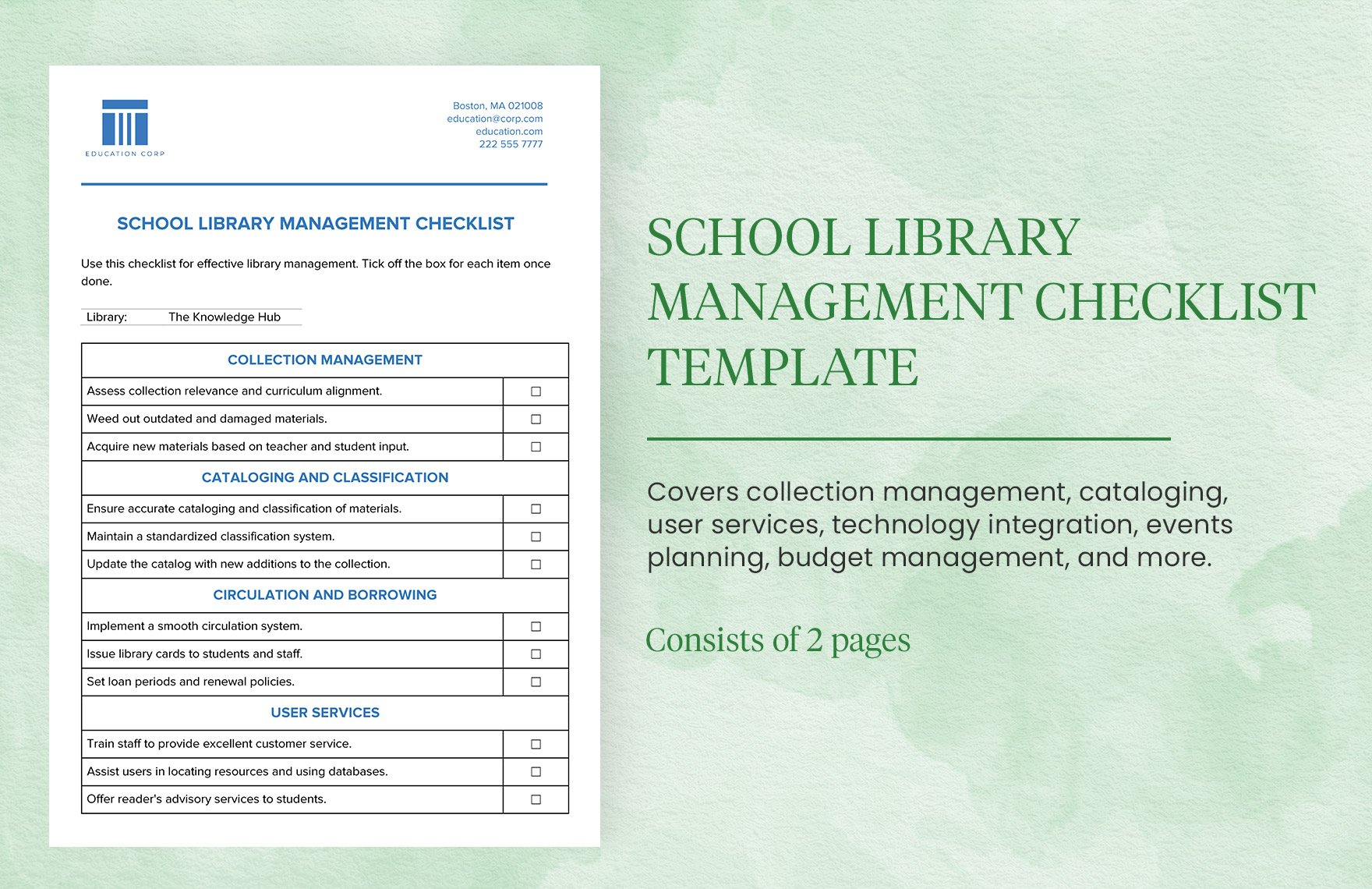 School Library Management Checklist Template