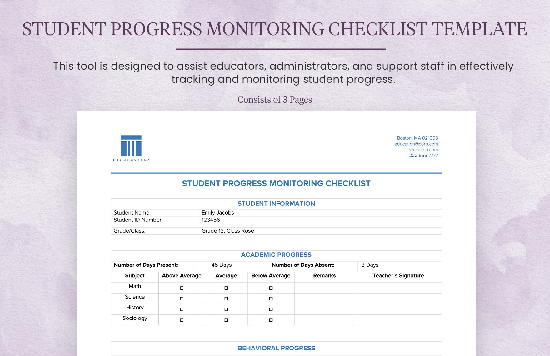 Student Progress Monitoring Checklist Template in Word, Google Docs, PDF