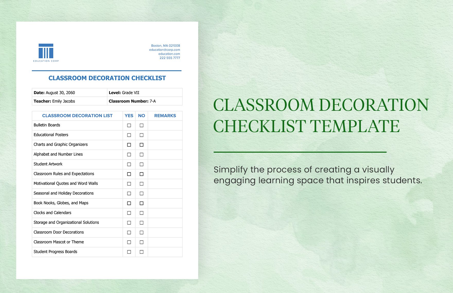 Classroom Decoration Checklist Template in Word, Google Docs, PDF