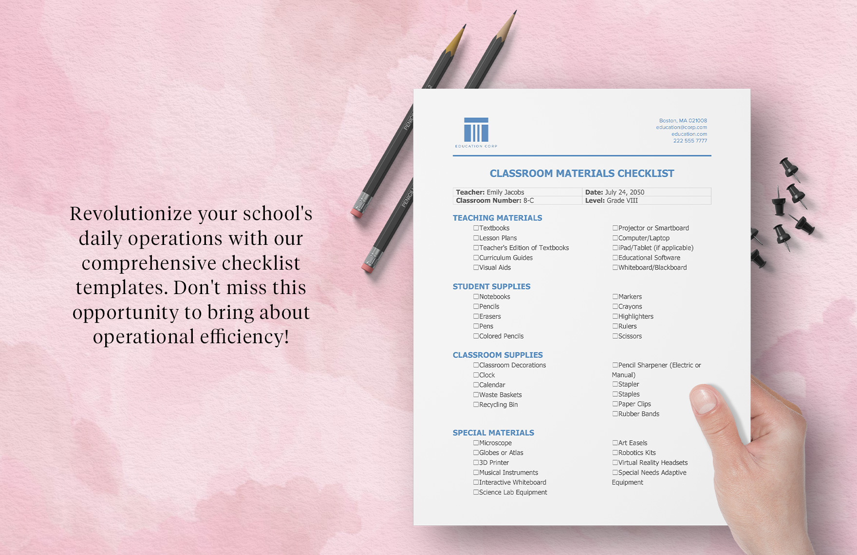 Classroom Materials Checklist Template