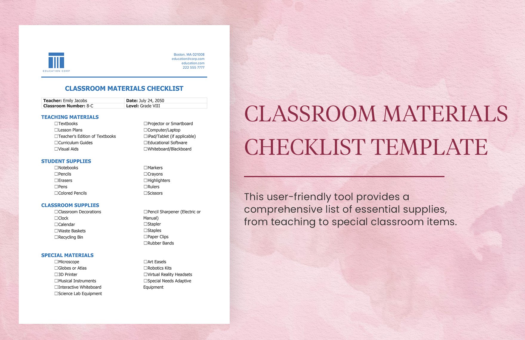 Classroom Materials Checklist Template in Word, Google Docs, PDF