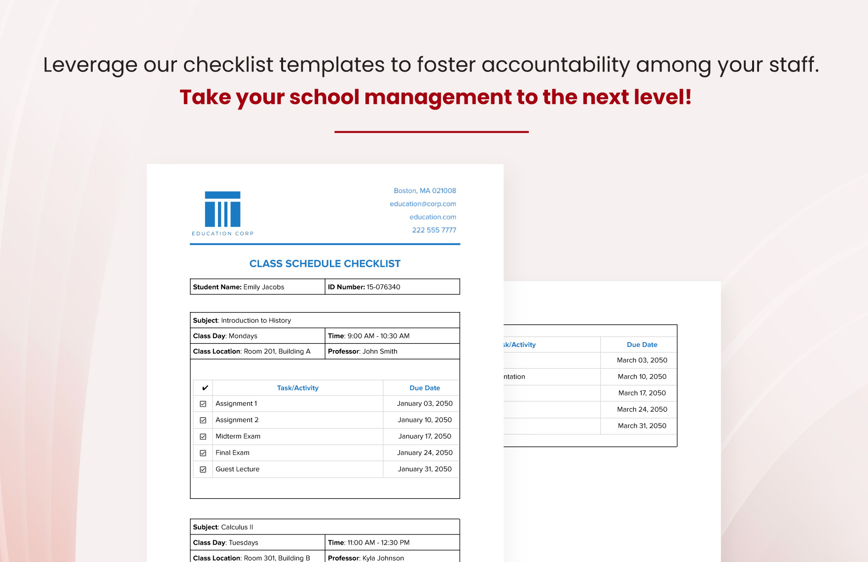 Class Schedule Checklist Template