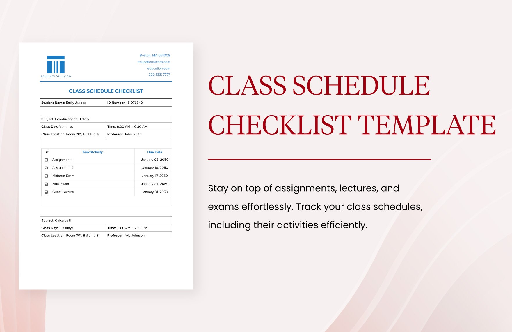 Class Schedule Checklist Template in Word, Google Docs, PDF