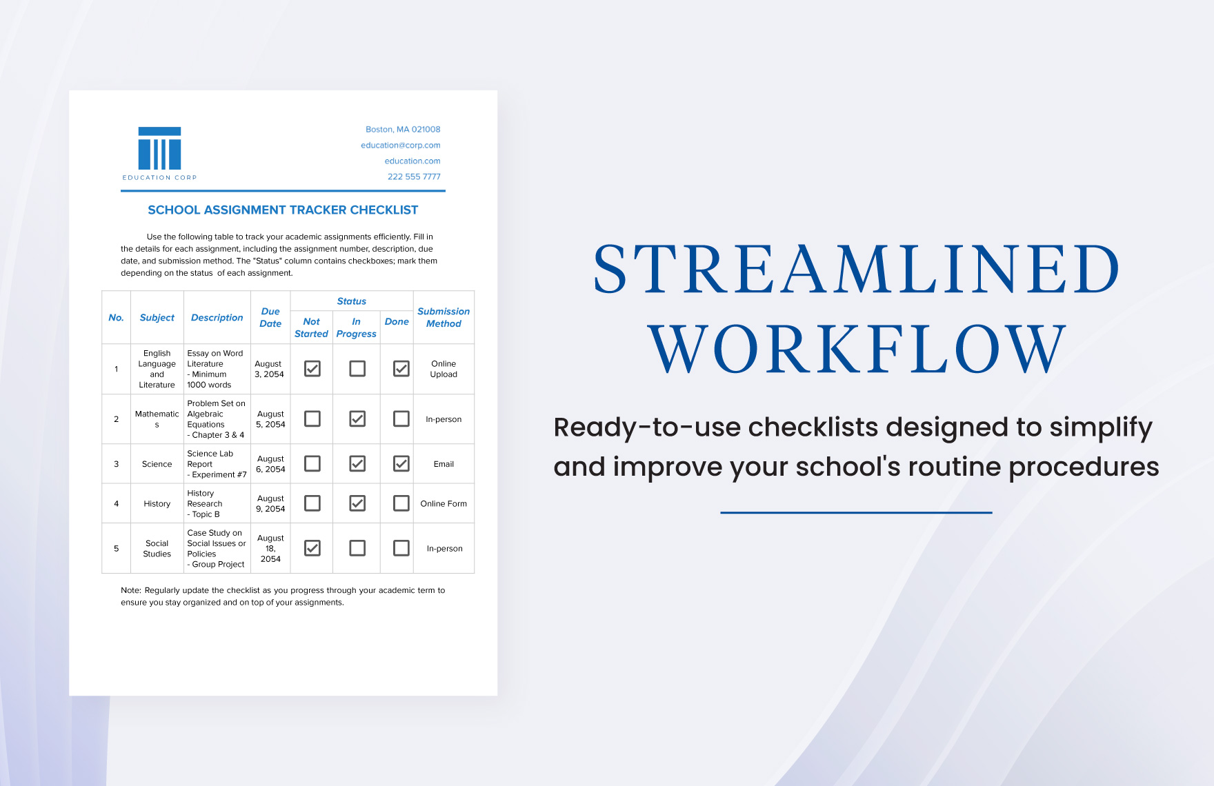 School Assignment Tracker Checklist Template
