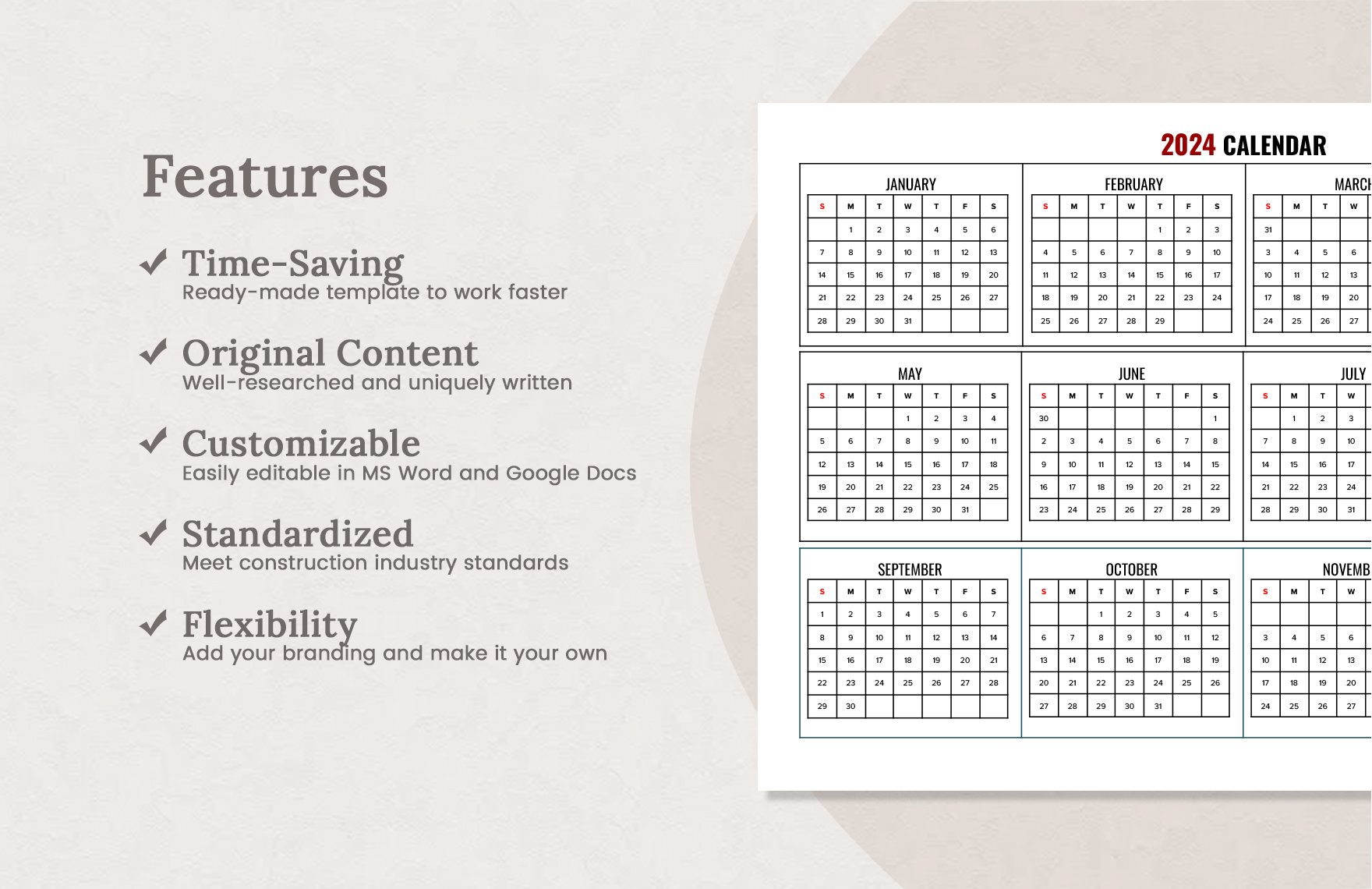 2024 One Page Calendar Template