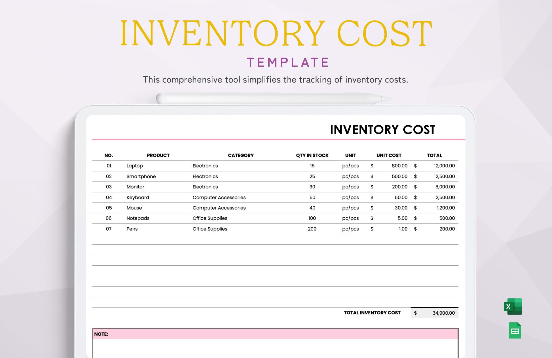Inventory Cost Template in Excel, Google Sheets