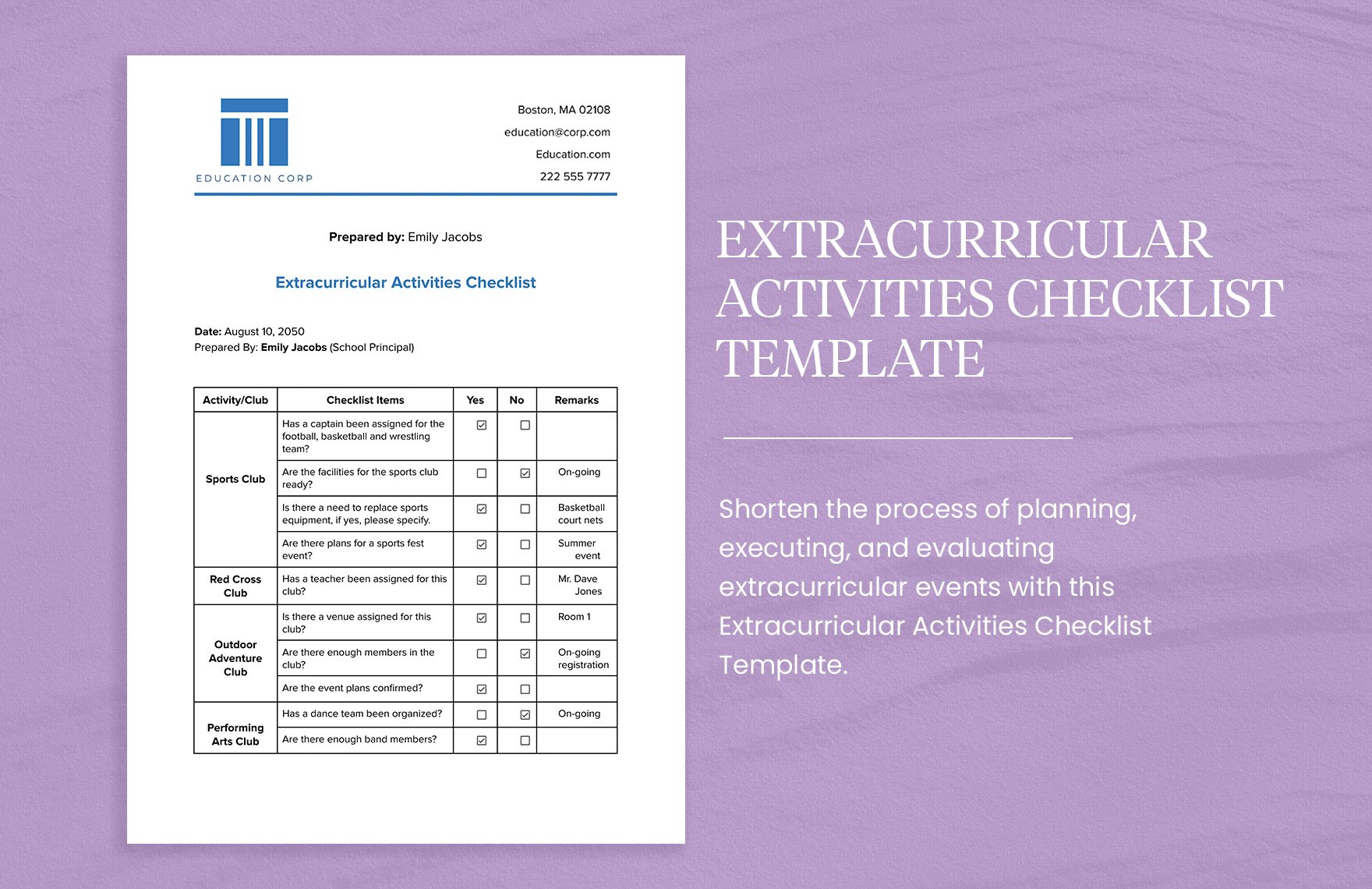 Extracurricular Activities Checklist Template in Word, Google Docs, PDF