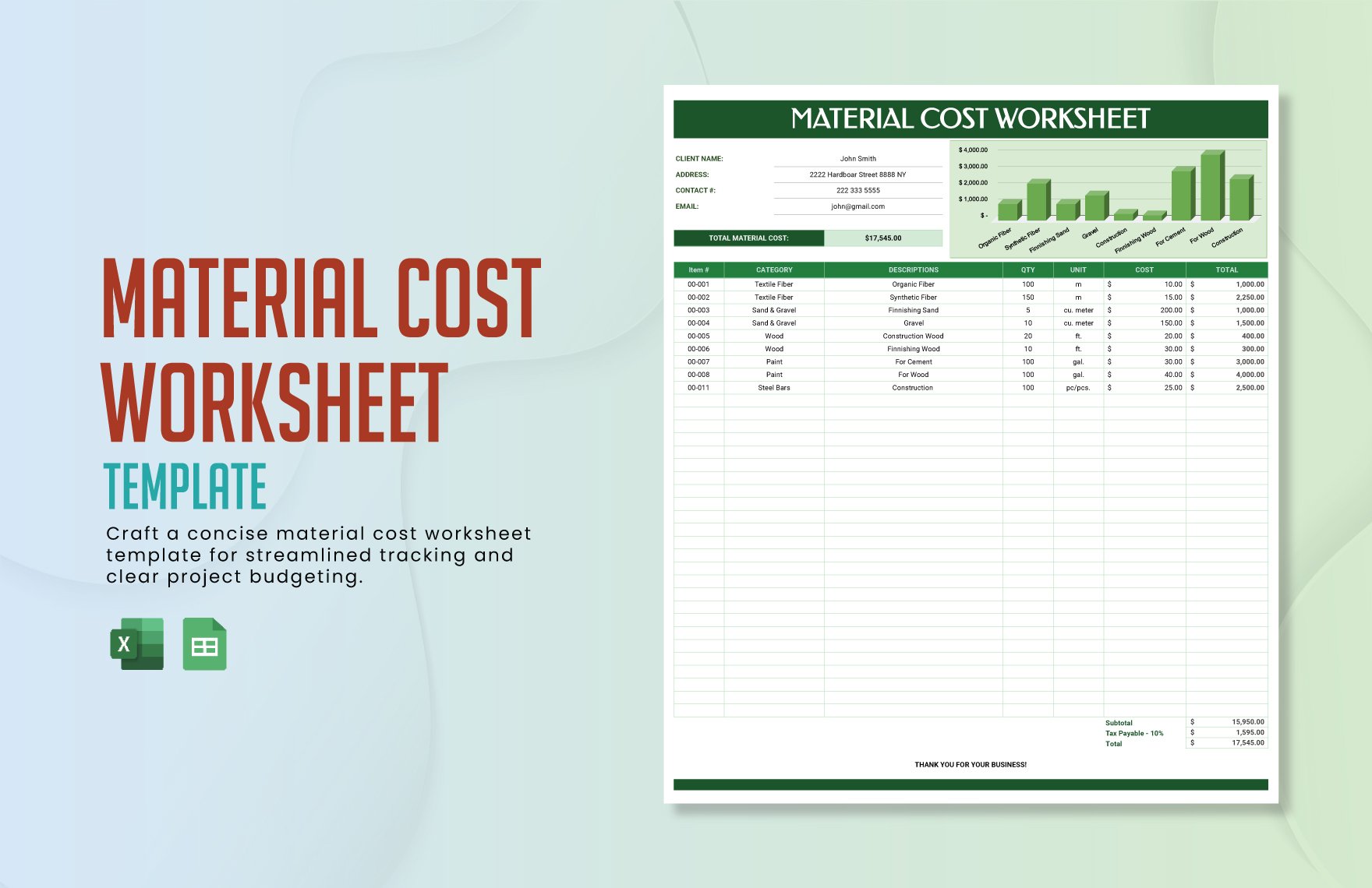 Material Cost Worksheet Template in Excel, Google Sheets