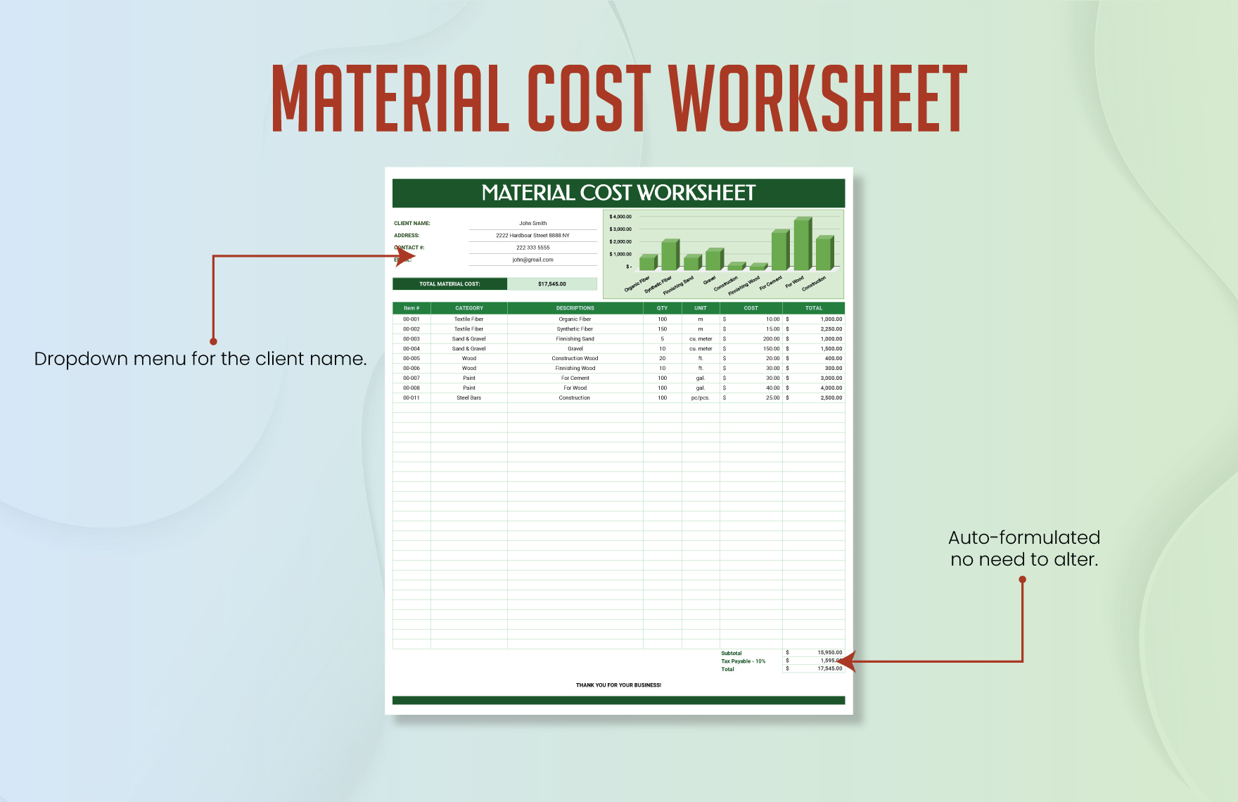 Material Cost Worksheet Template