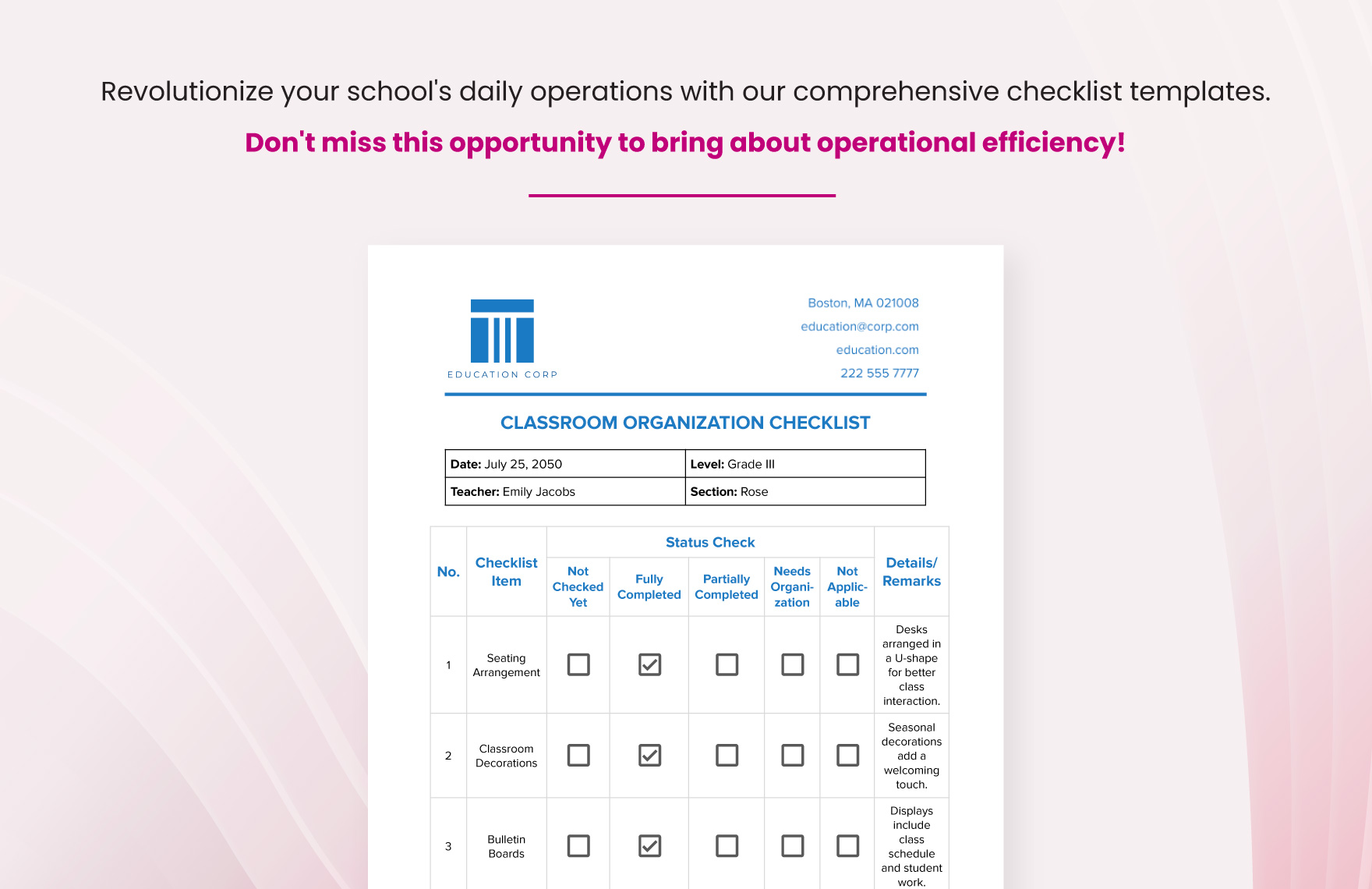 Classroom Organization Checklist Template