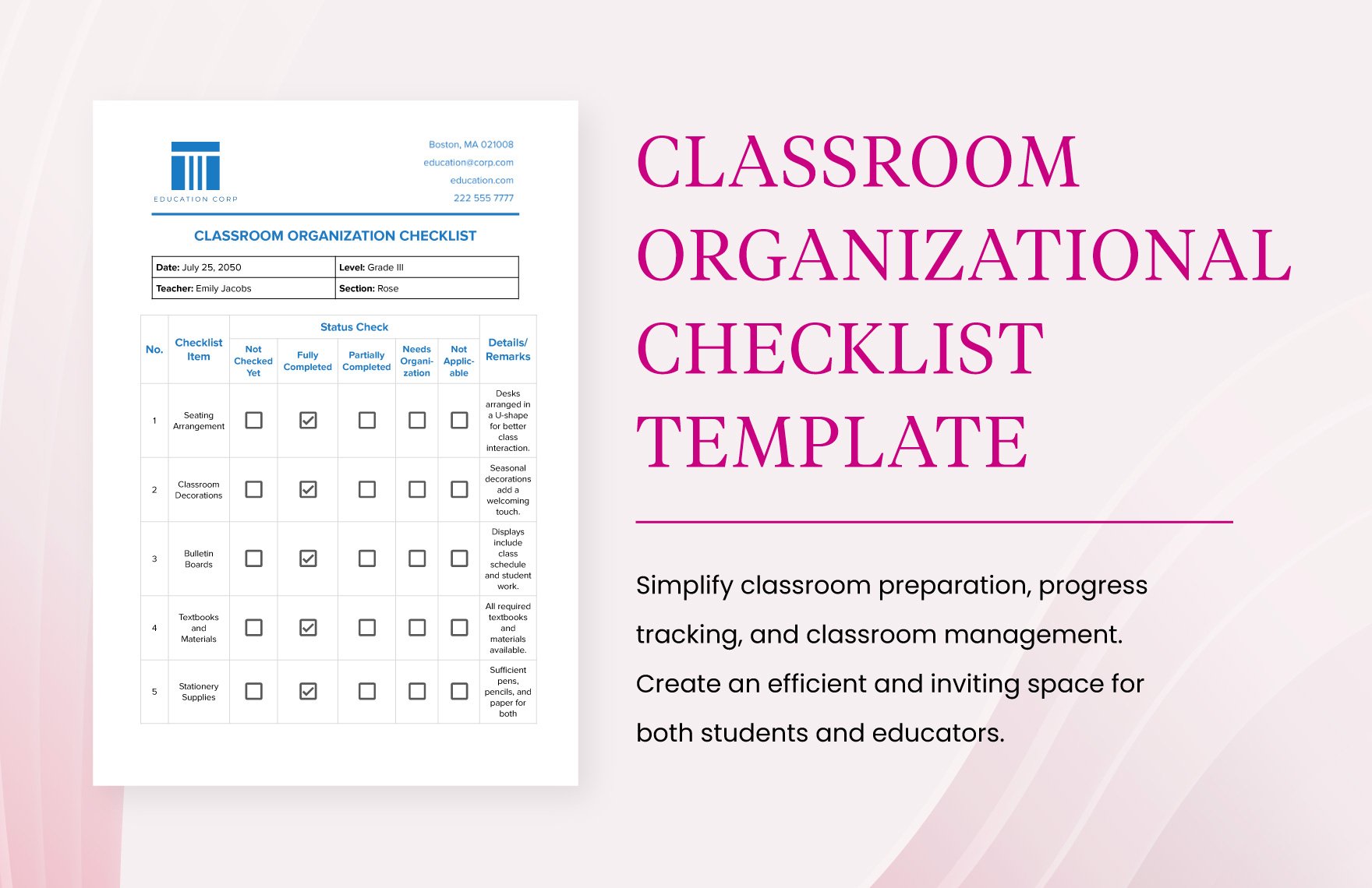 Classroom Organization Checklist Template
