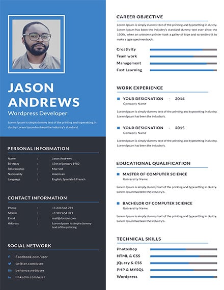 Wordpress Developer Resume Template - PSD | Template.net