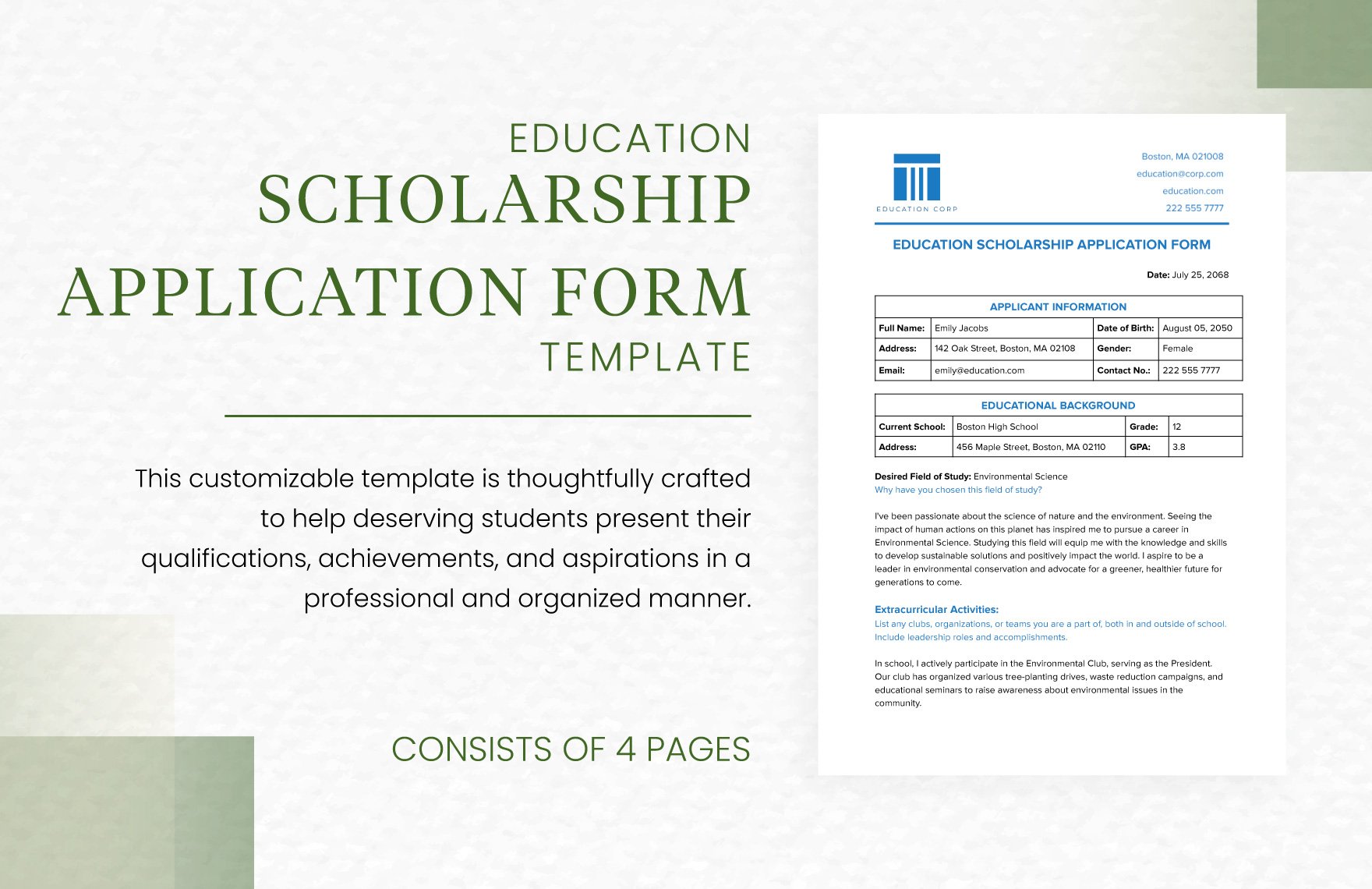 Education Scholarship Application Form Template