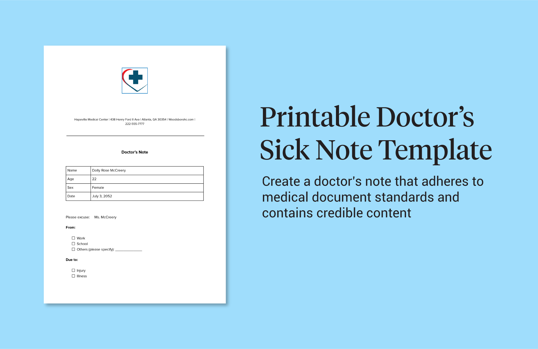Printable Doctors Sick Note Template