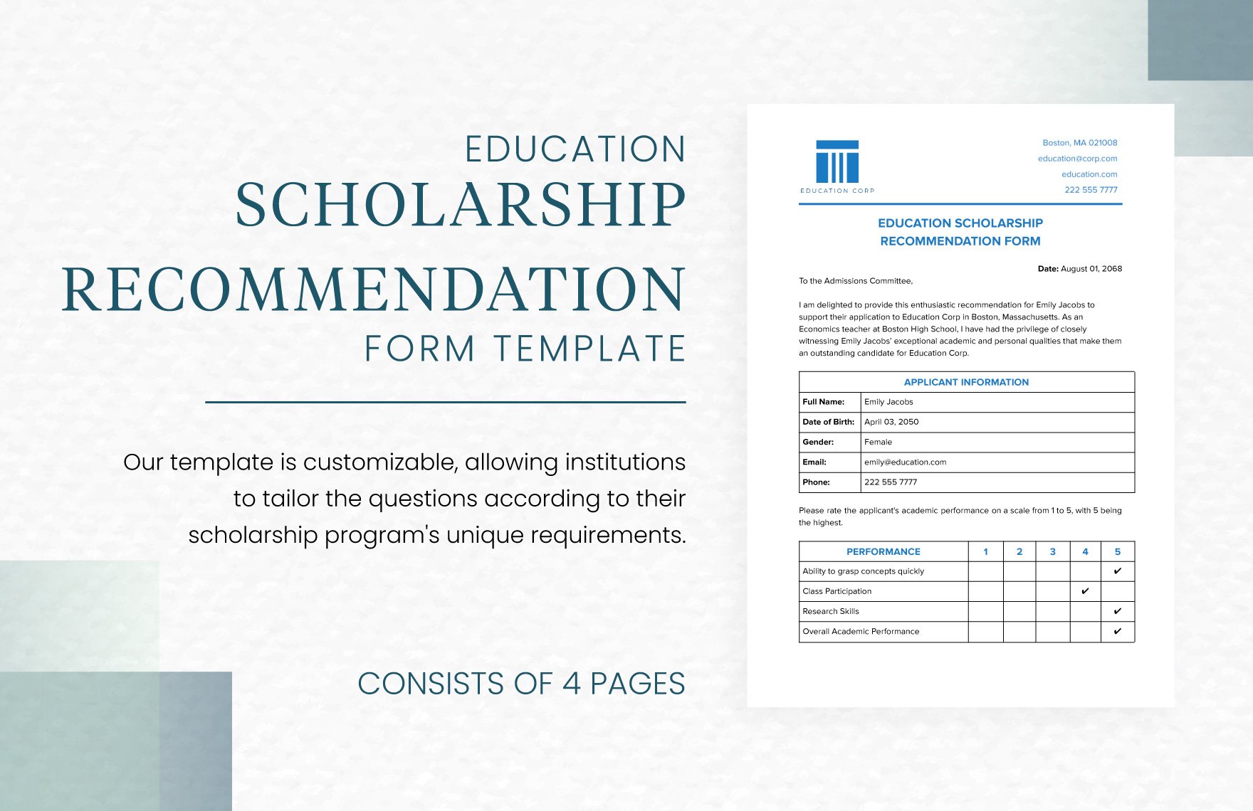 Education Scholarship Recommendation Form Template