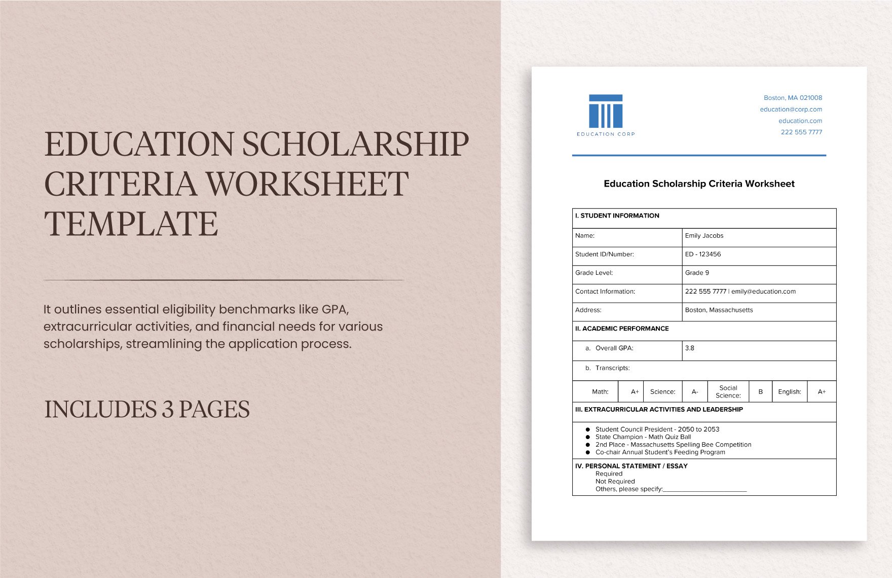 Education Scholarship Criteria Worksheet Template
