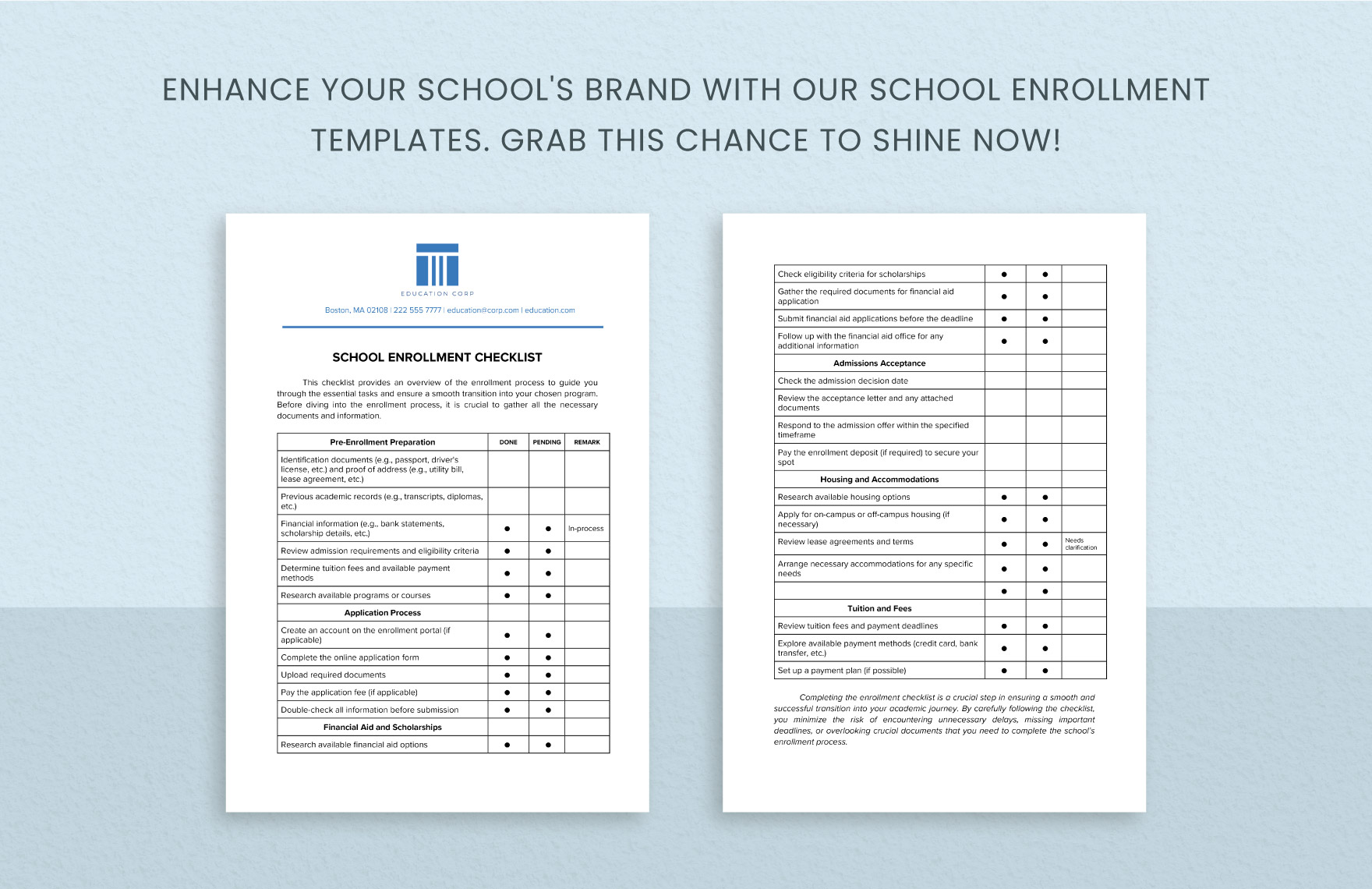 School Enrollment Checklist Template