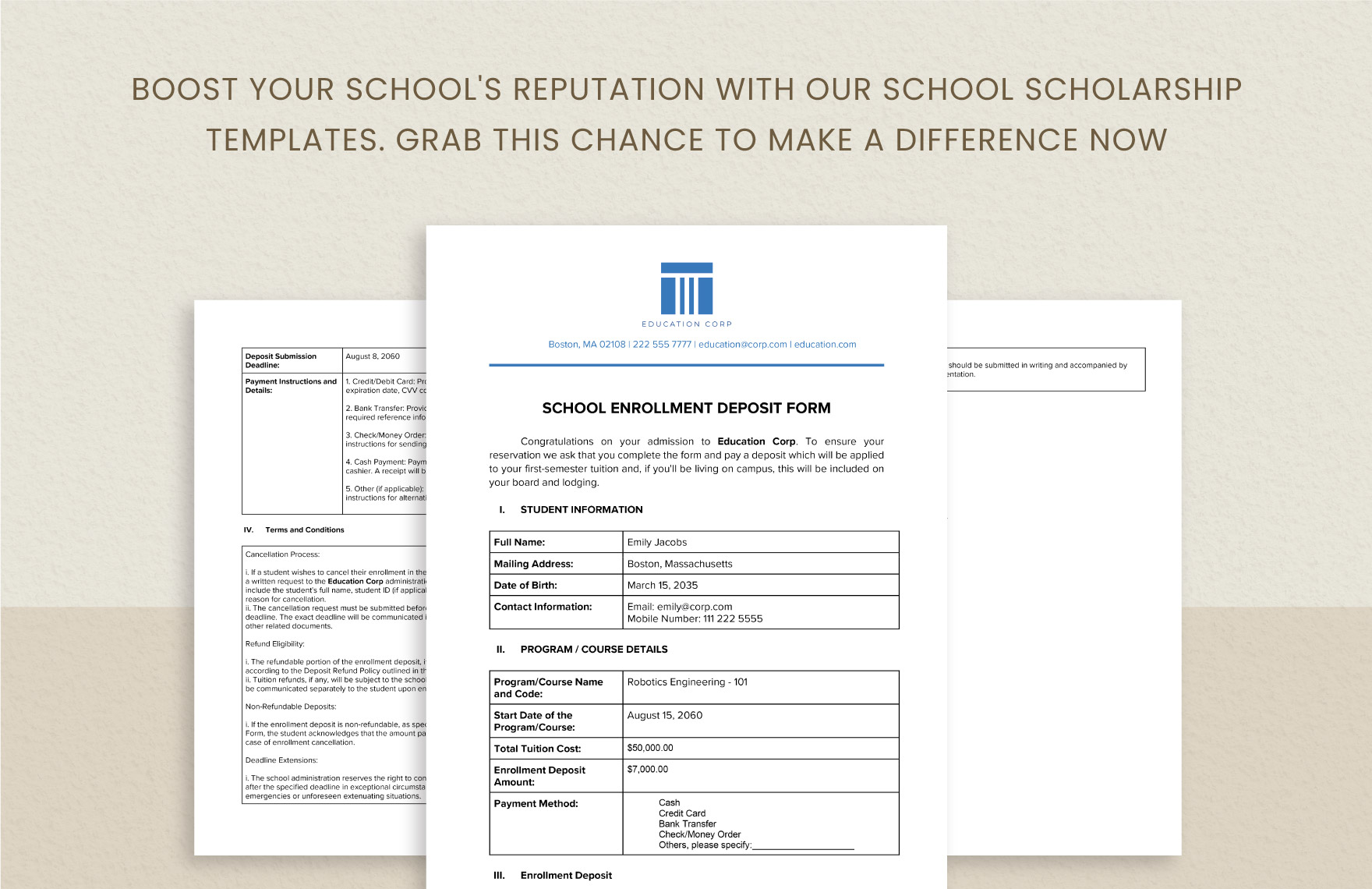 School Enrollment Deposit Form Template