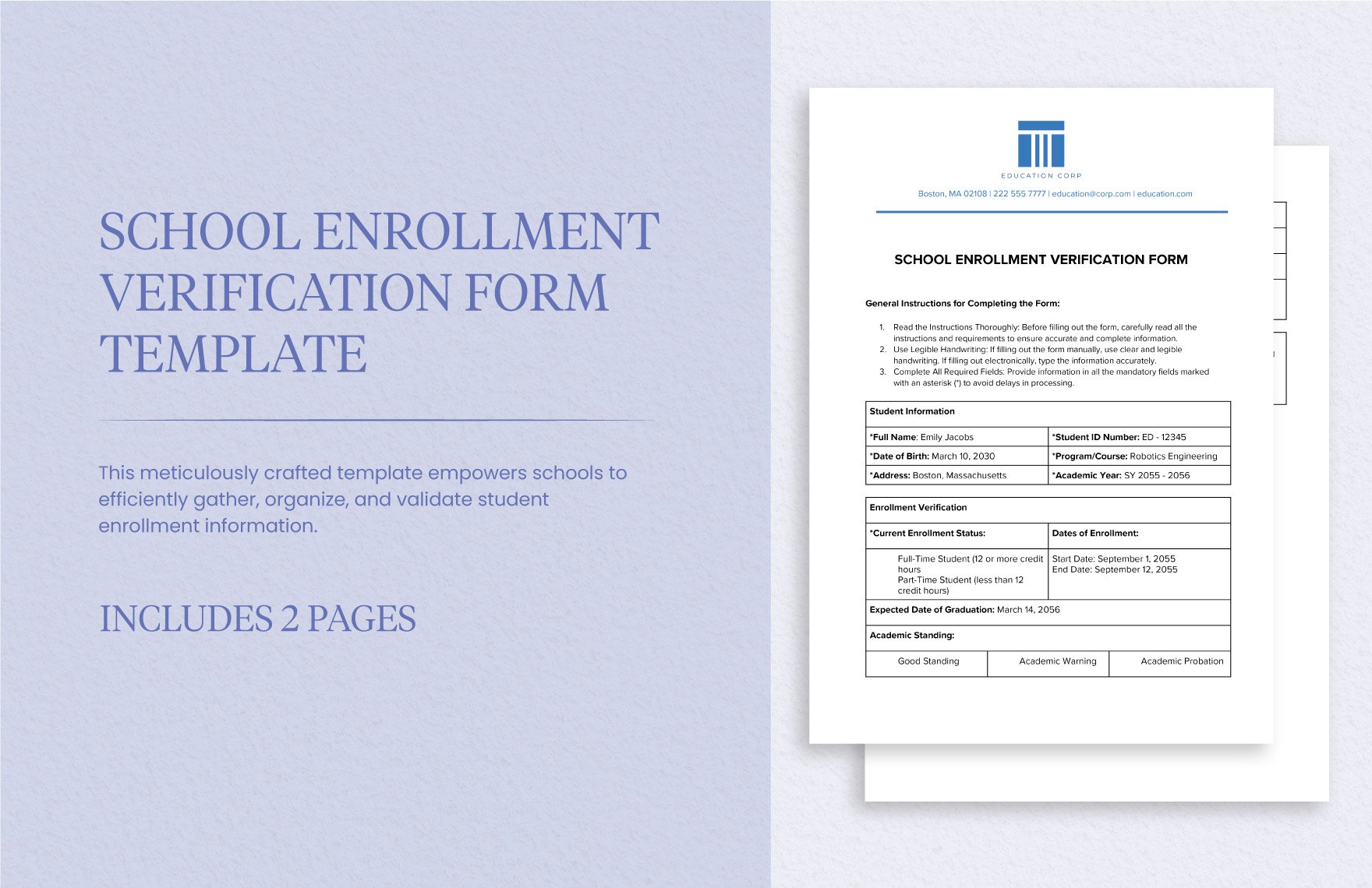 School Enrollment Verification Form Template