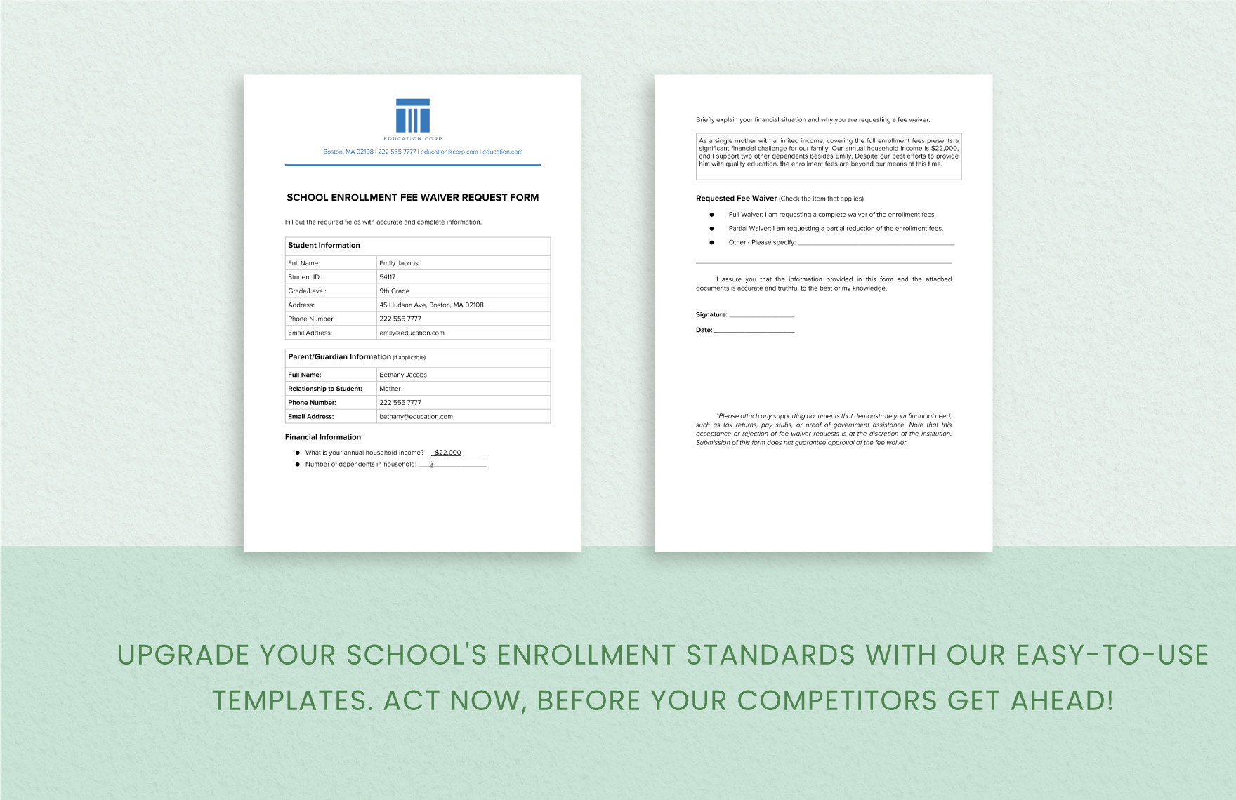School Enrollment Fee Waiver Request Form Template