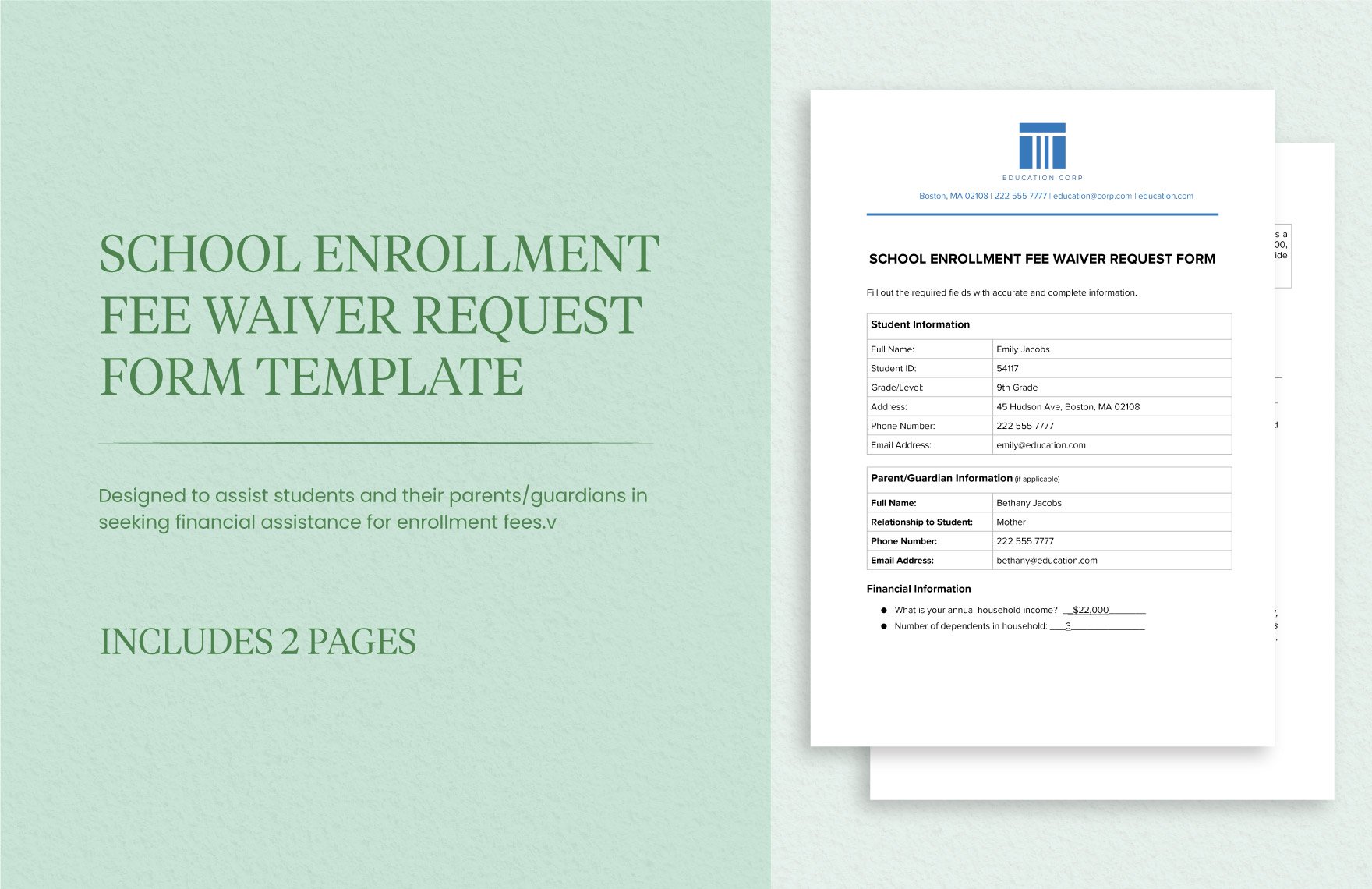 School Enrollment Fee Waiver Request Form Template