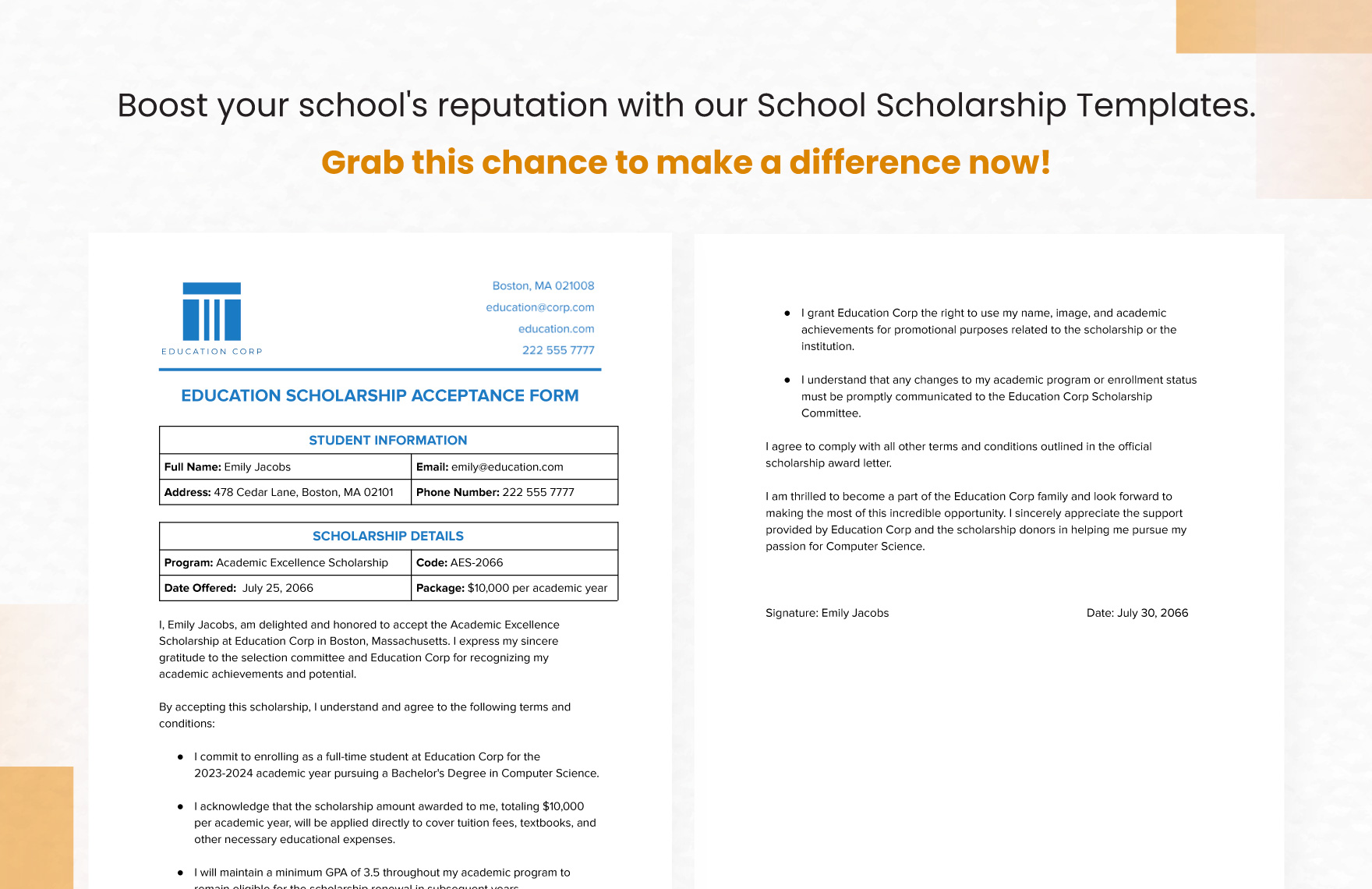 Education Scholarship Acceptance Form Template