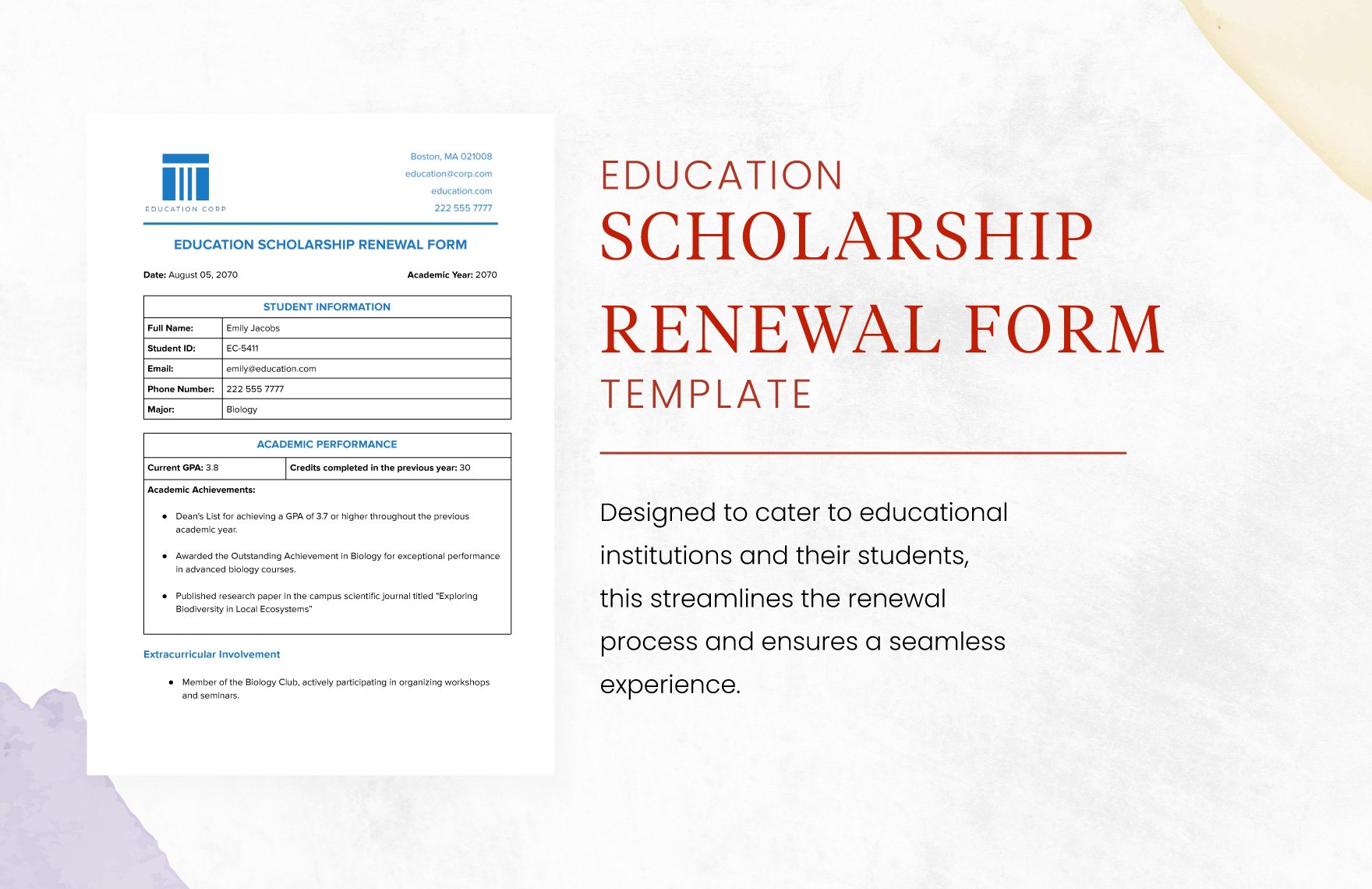 Education Scholarship Renewal Form Template in Word, Google Docs, PDF