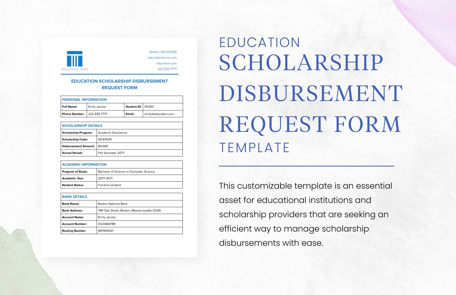 Education Scholarship Disbursement Request Form Template in Word, Google Docs, PDF