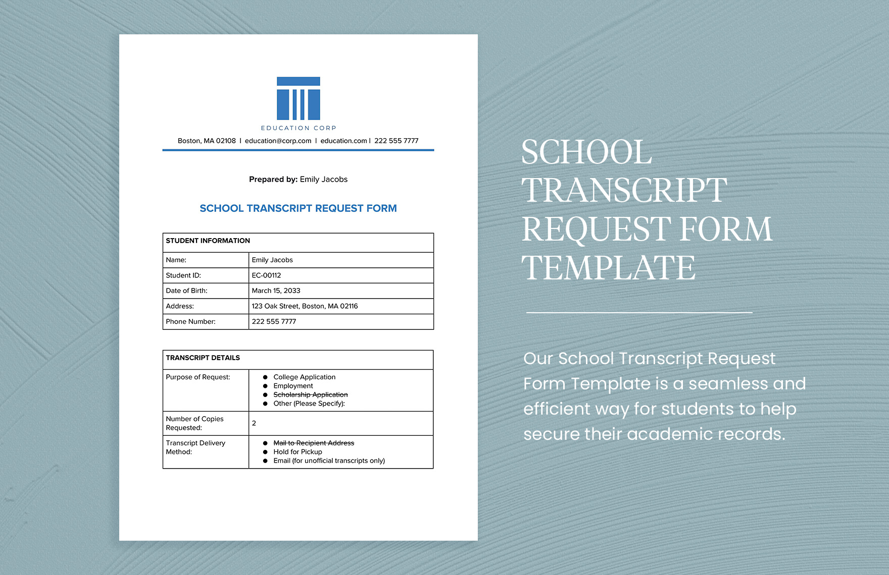 School Transcript Request Form Template