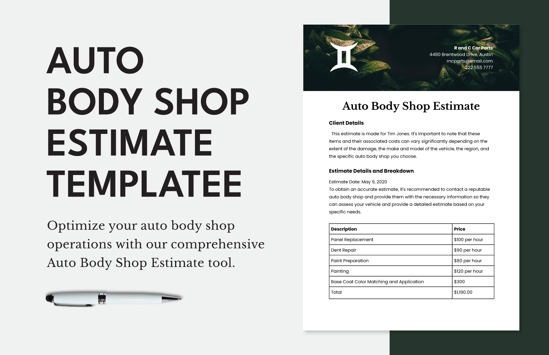 Auto Body Shop Estimate Template