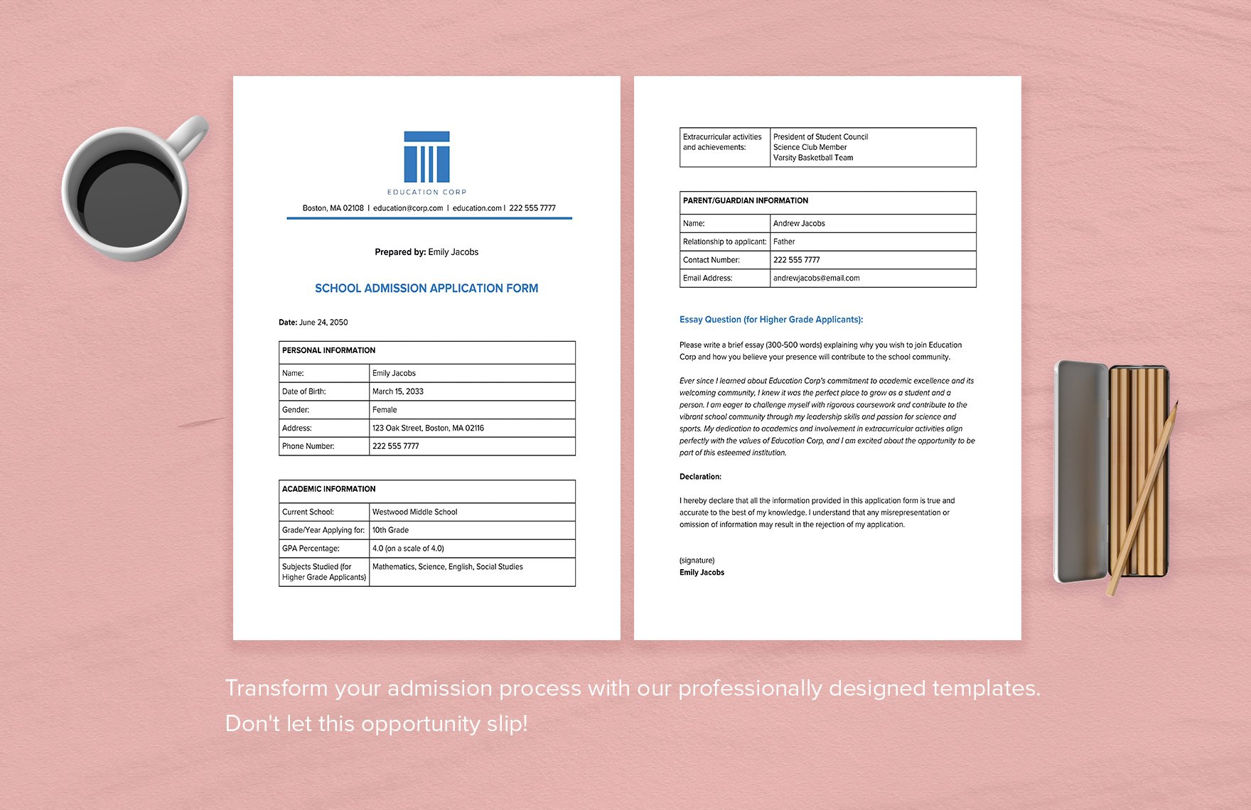 School Admission Application Form Template