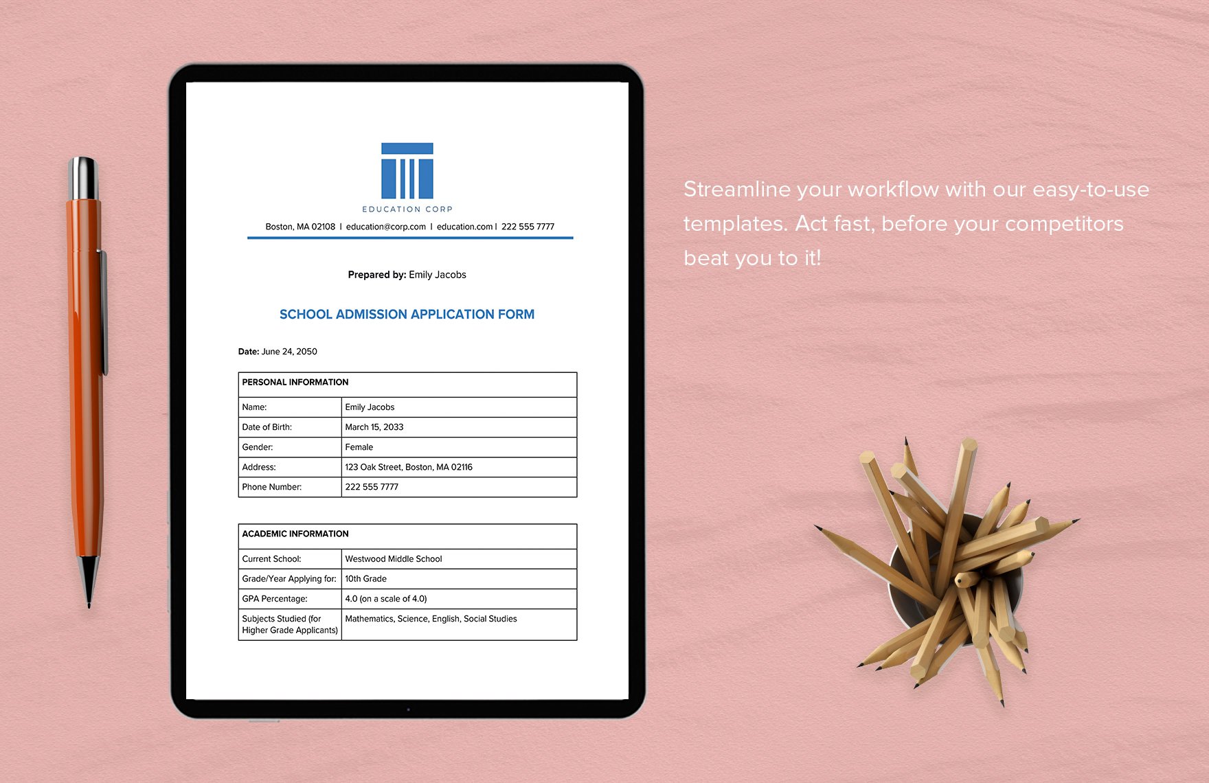School Admission Application Form Template