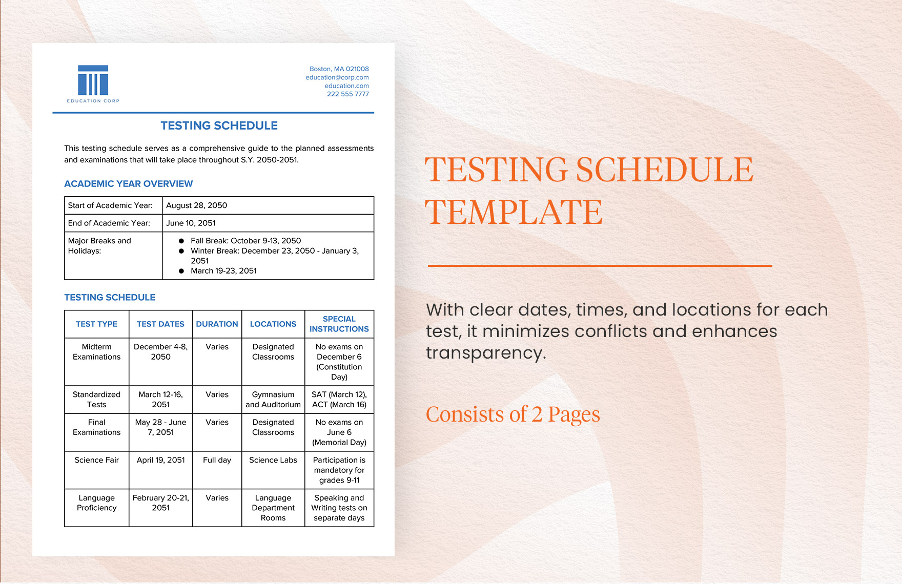 Testing Schedule Template in Word, Google Docs, PDF