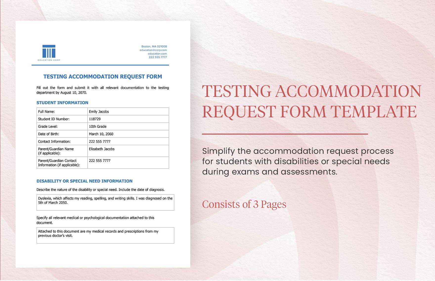 Testing Accommodation Request Form Template in Word, Google Docs, PDF