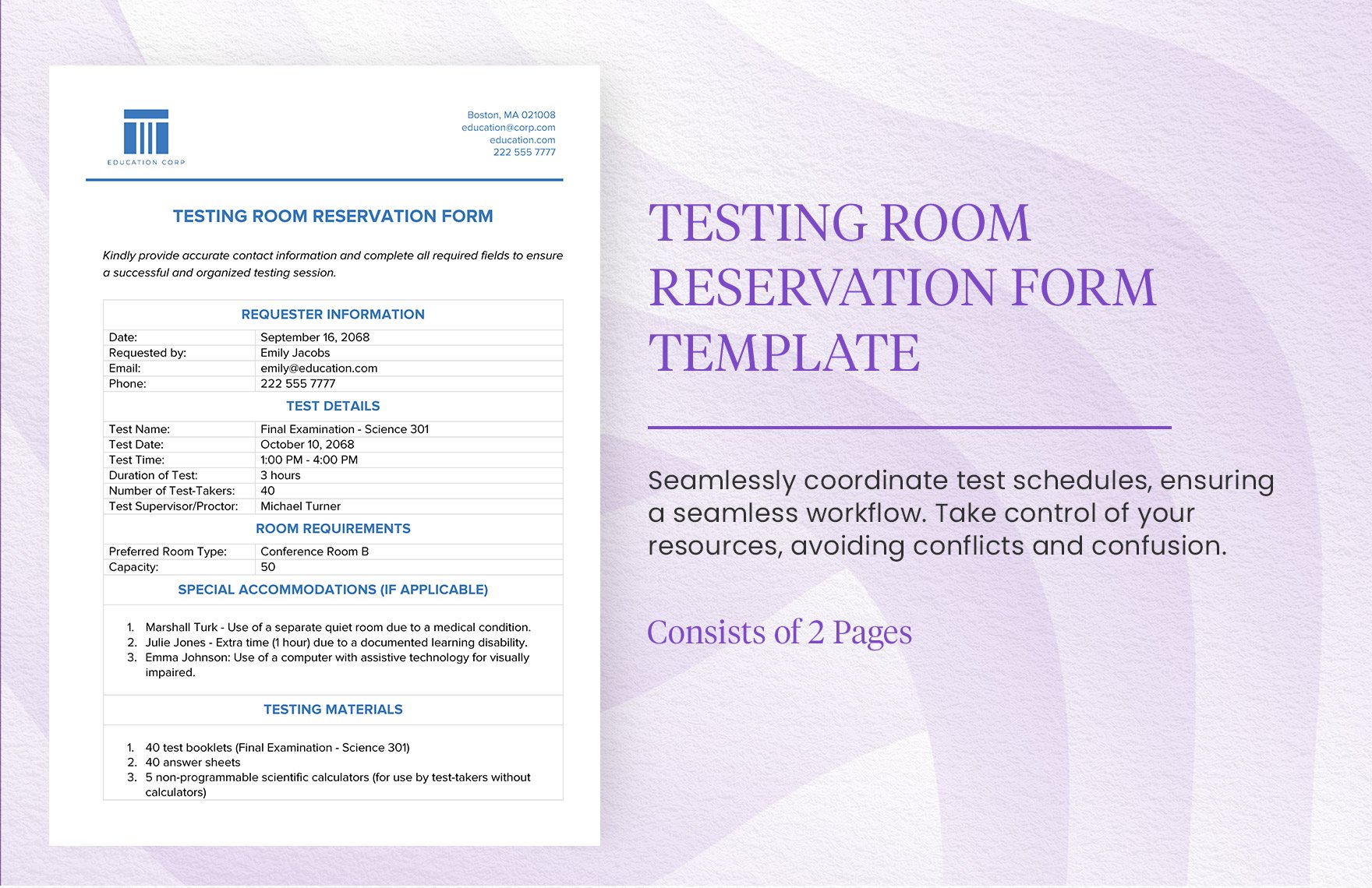 Testing Room Reservation Form Template