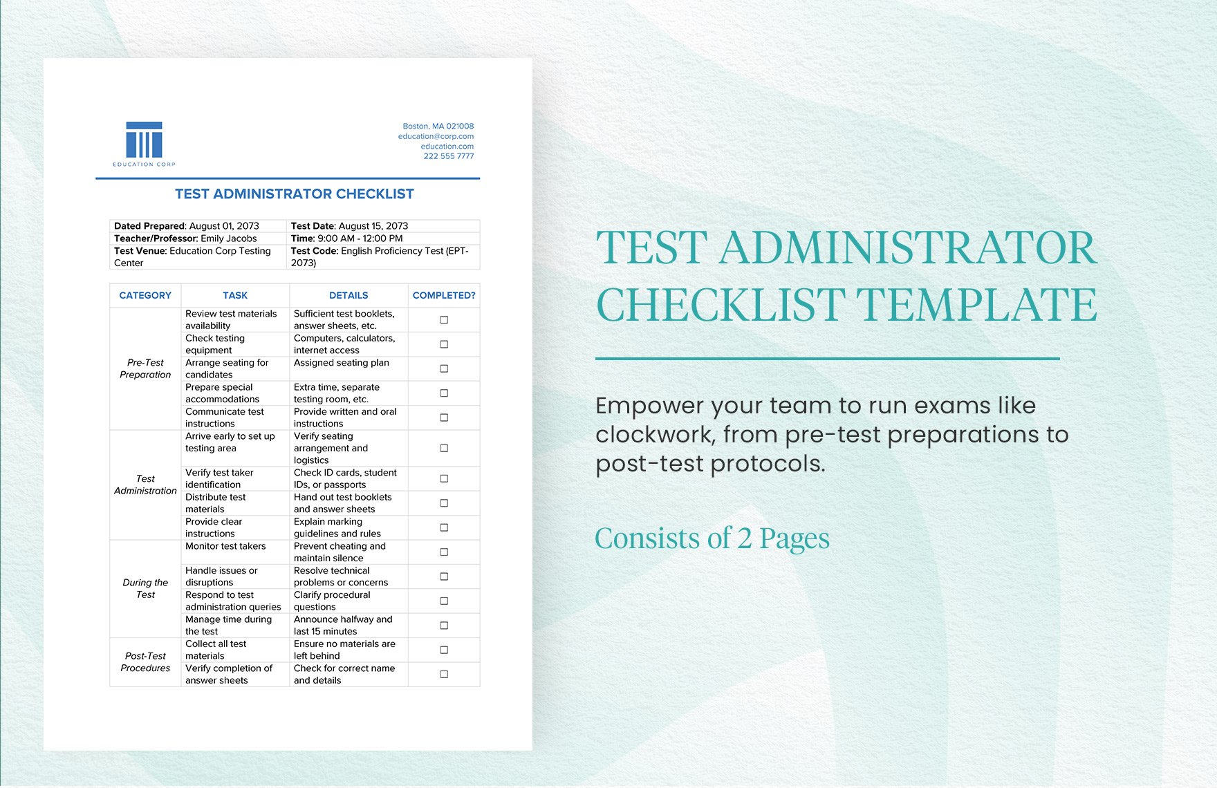 Test Administrator Checklist Template