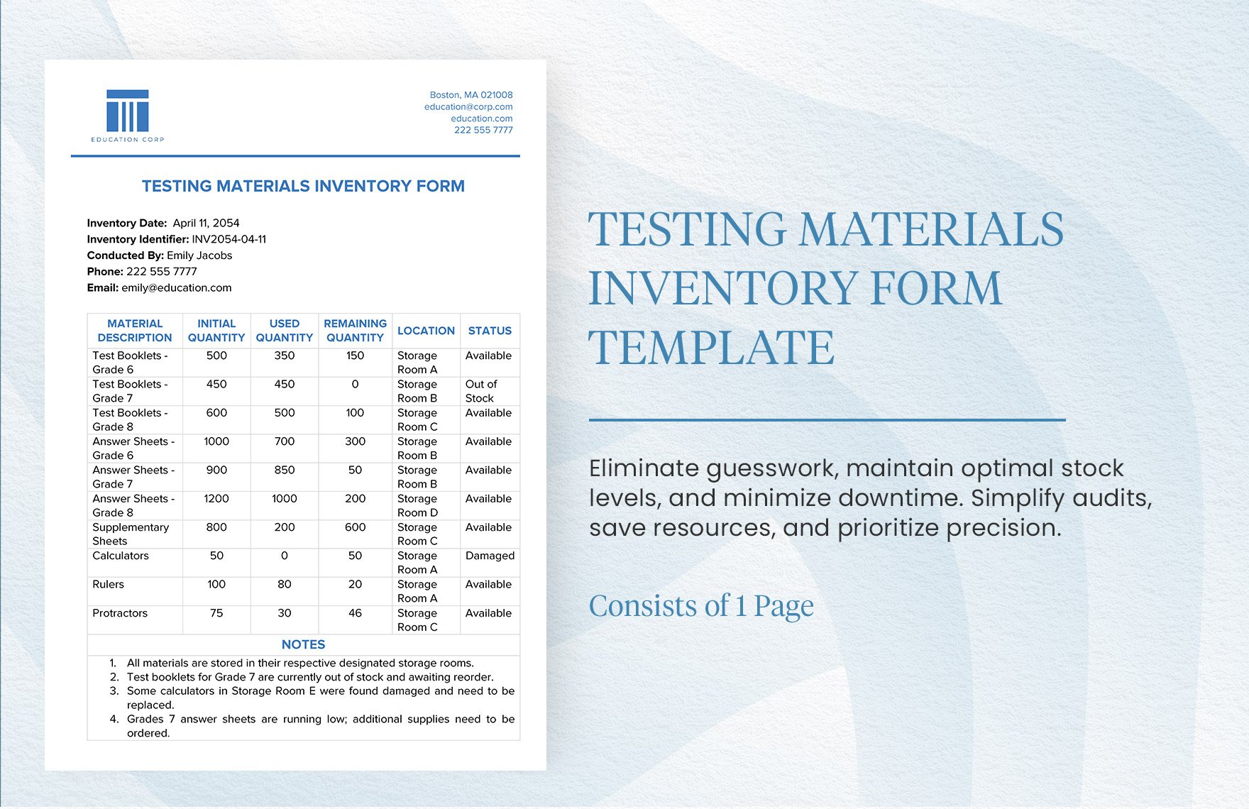 Testing Materials Inventory Form Template