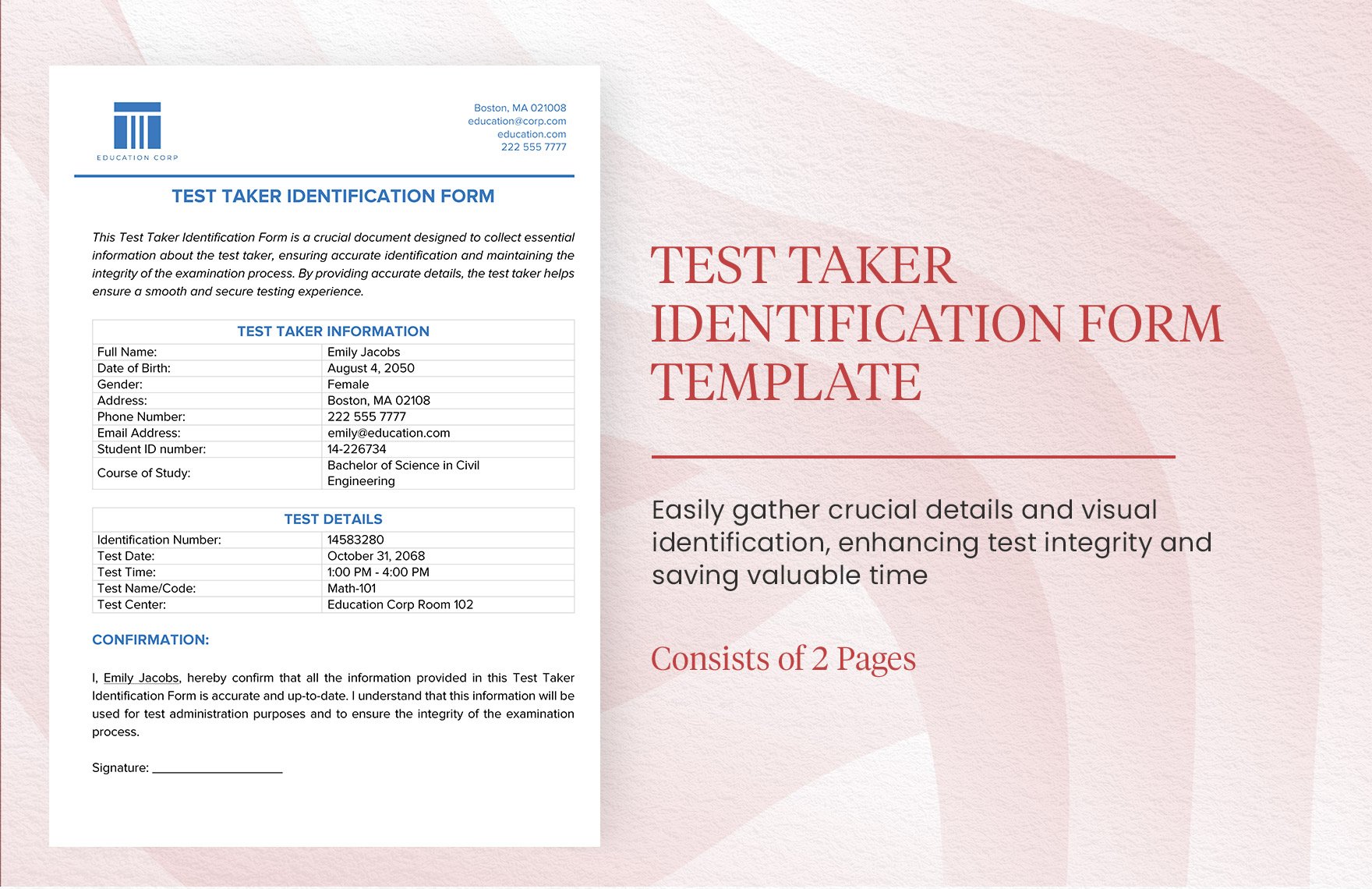 Test Taker Identification Form Template