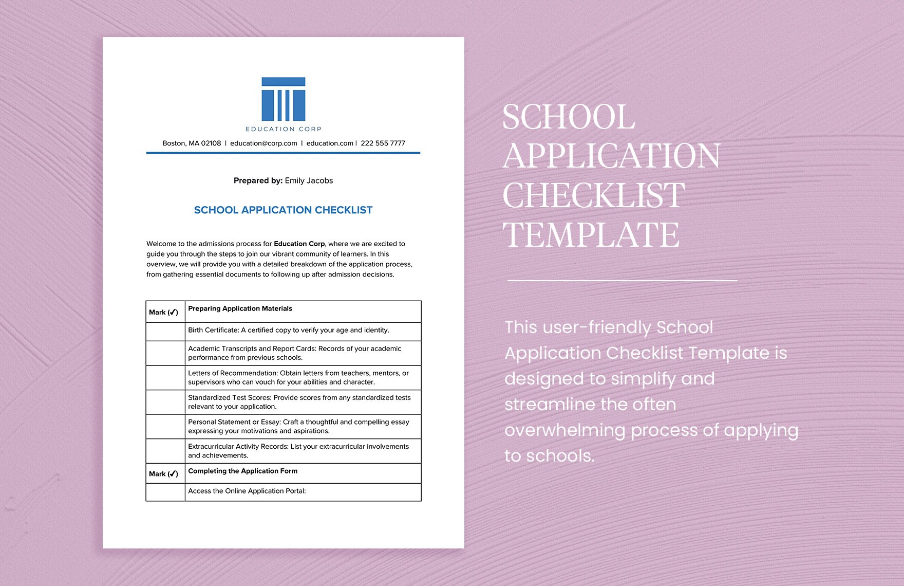 School Application Checklist Template