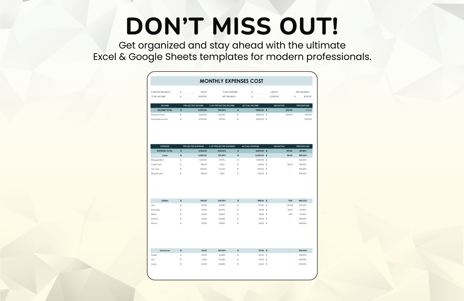 Monthly Expenses Cost Template