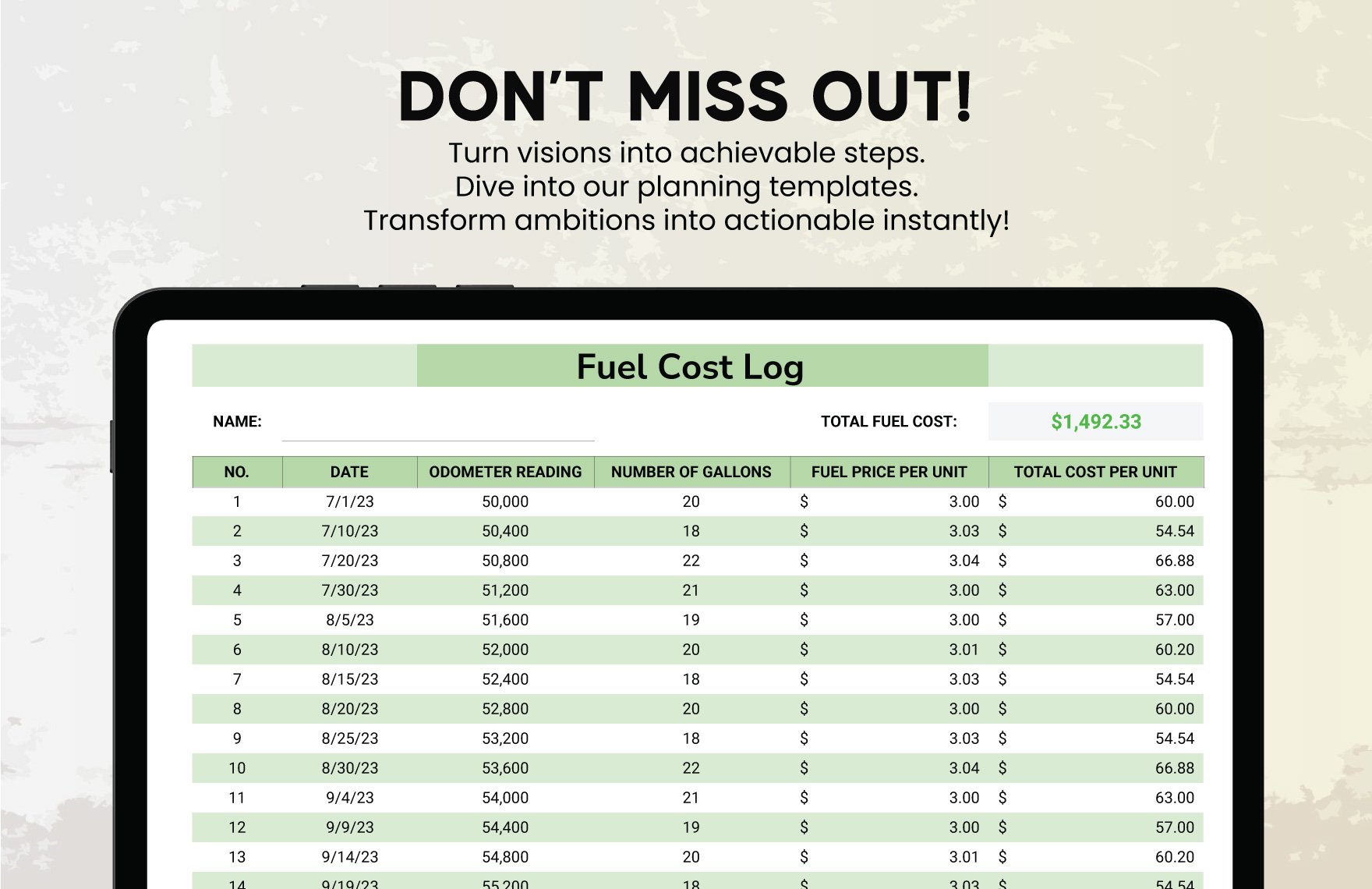 Fuel Cost Log Template