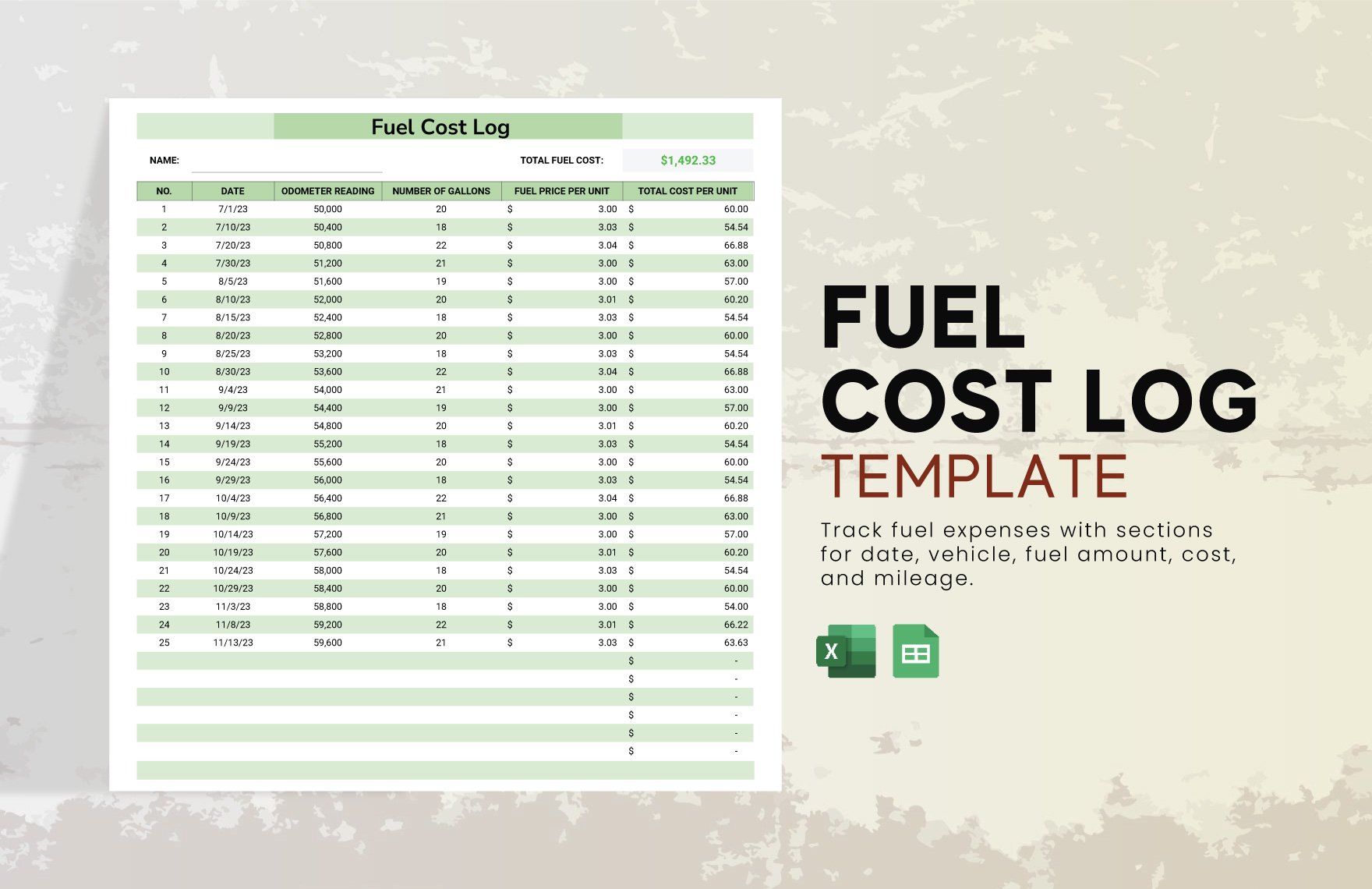 Fuel Cost Log Template in Excel, Google Sheets