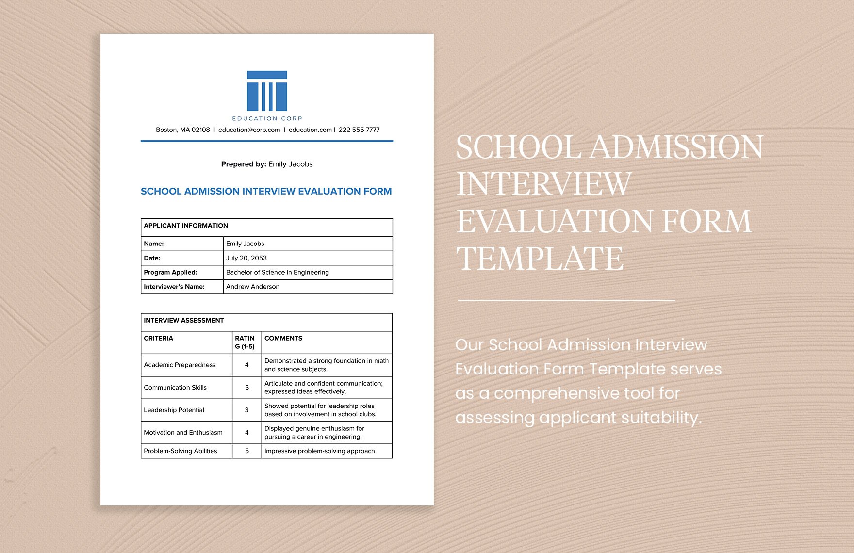 School Admission Interview Evaluation Form Template