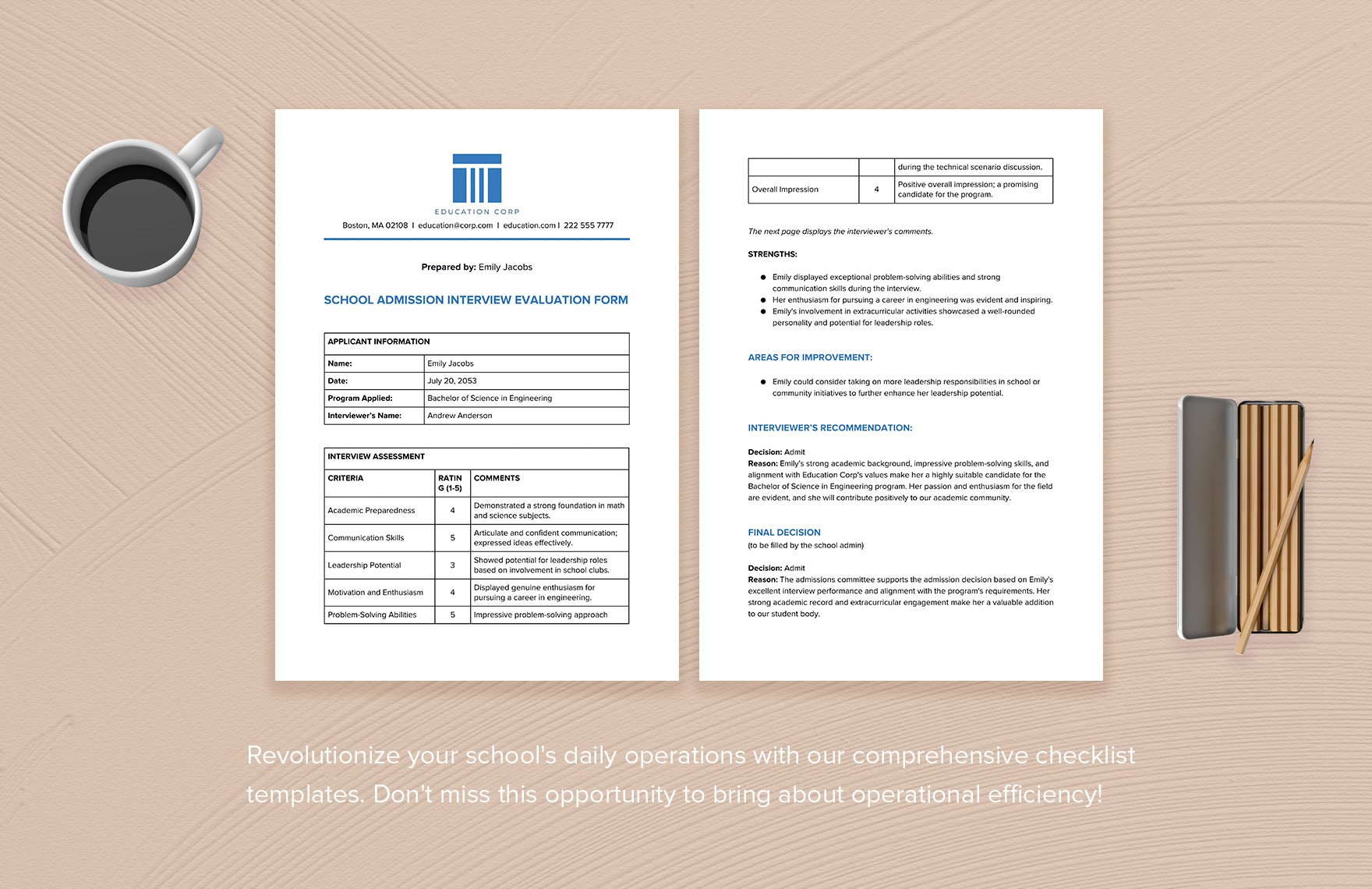 School Admission Interview Evaluation Form Template