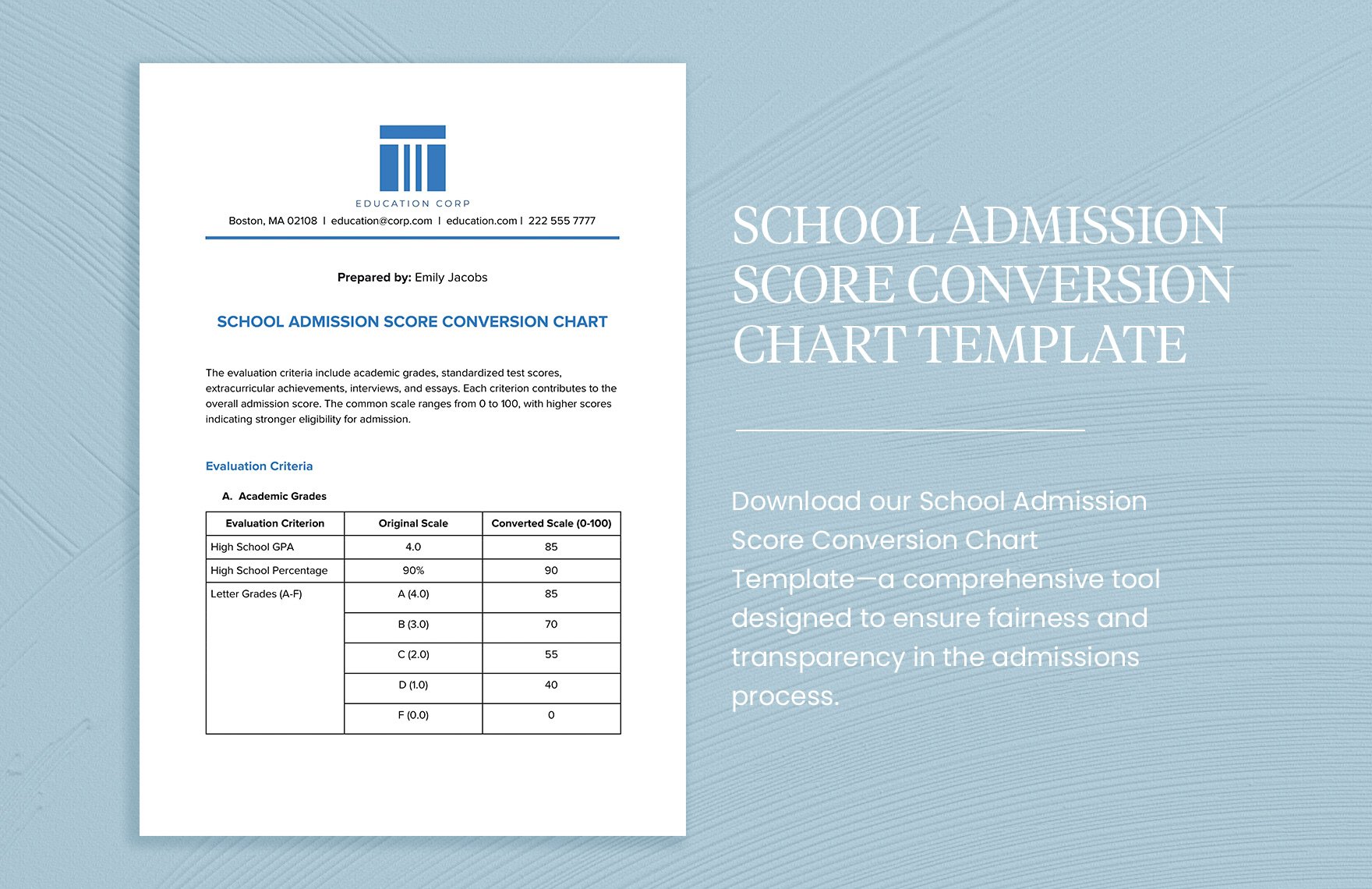 School Admission Score Conversion Chart Template