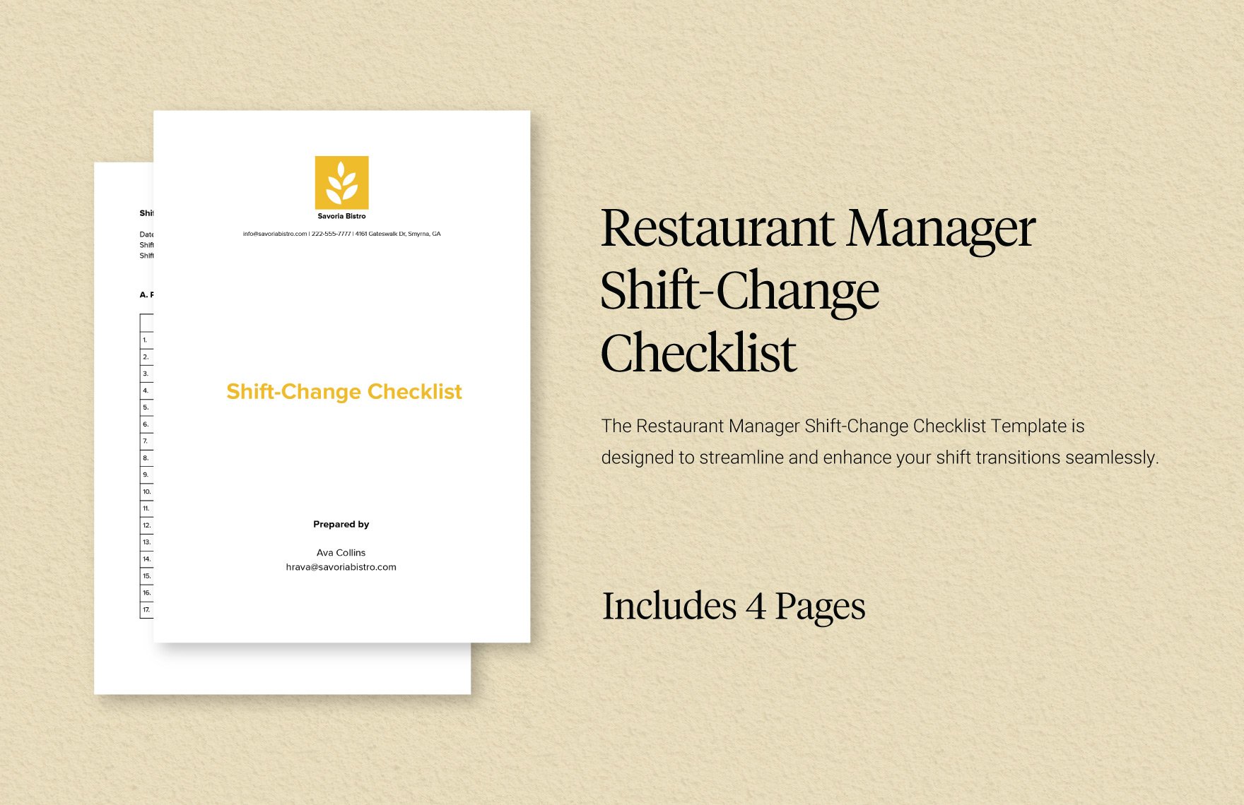 Restaurant Manager Shift-Change Checklist in Word, Google Docs, PDF
