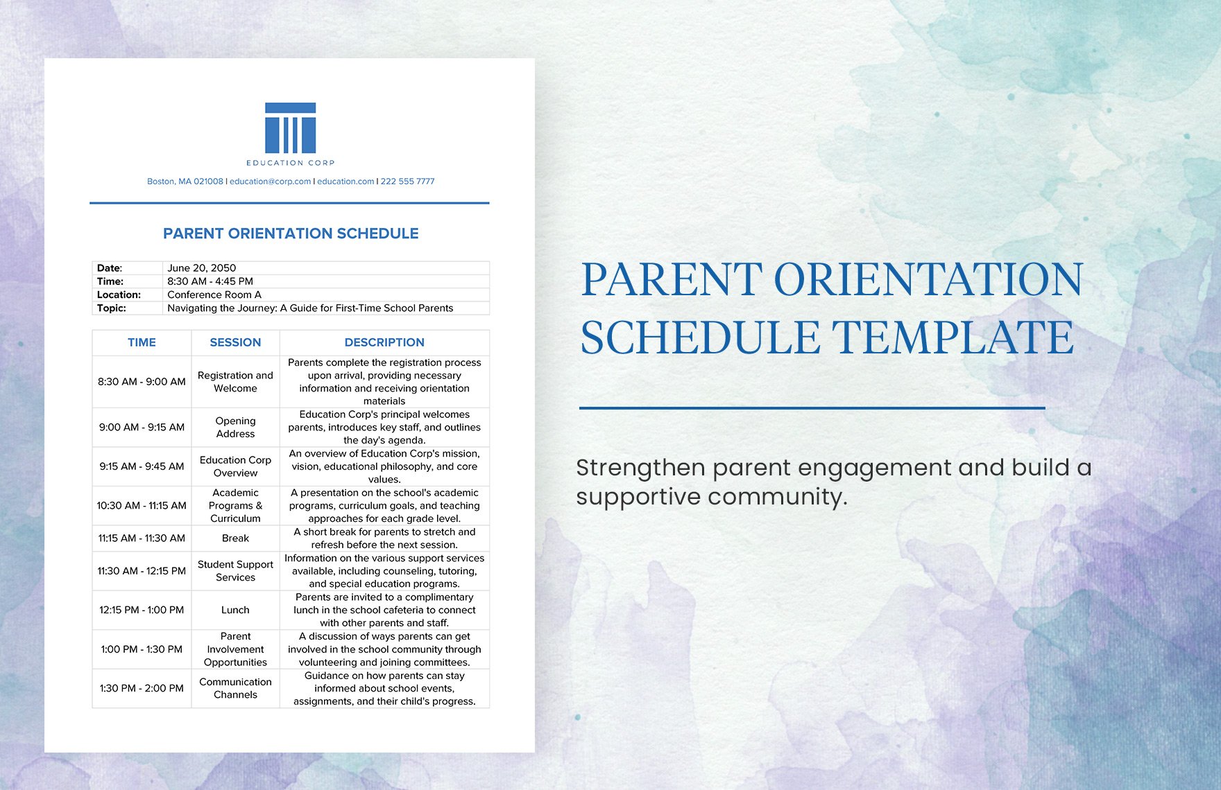 Parent Orientation Schedule Template