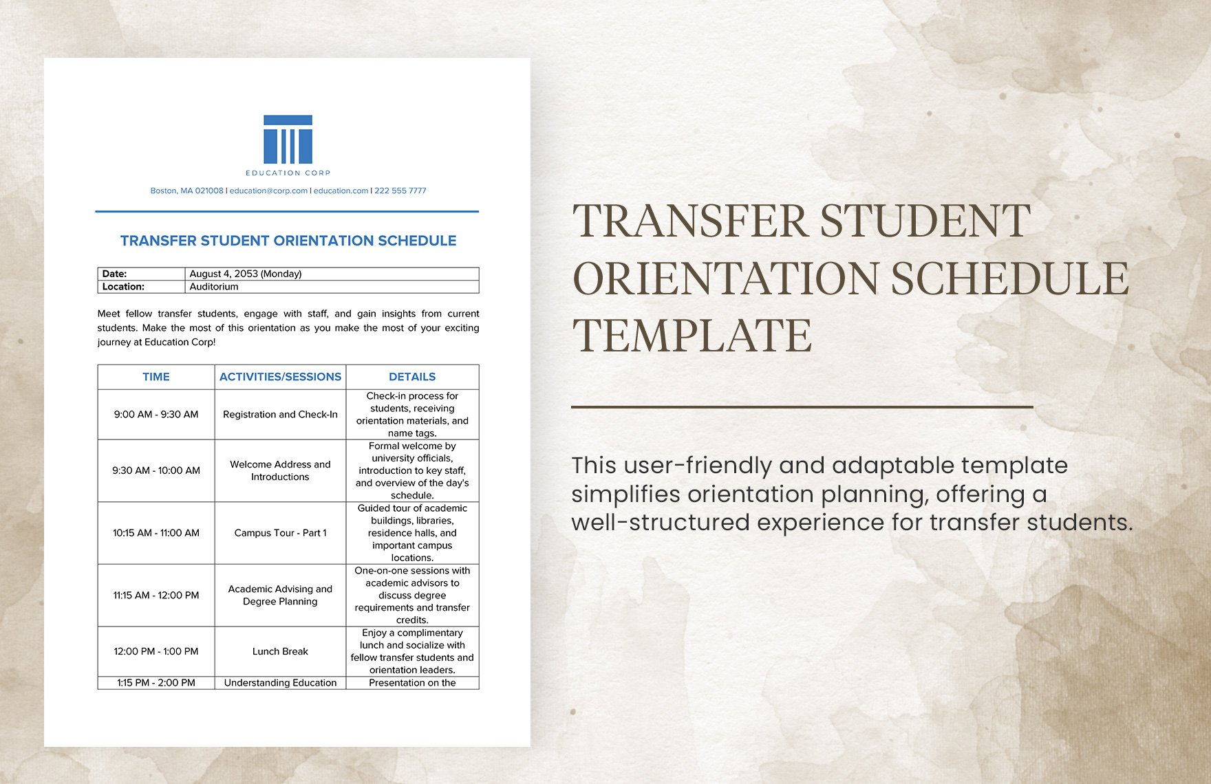 Transfer Student Orientation Schedule Template